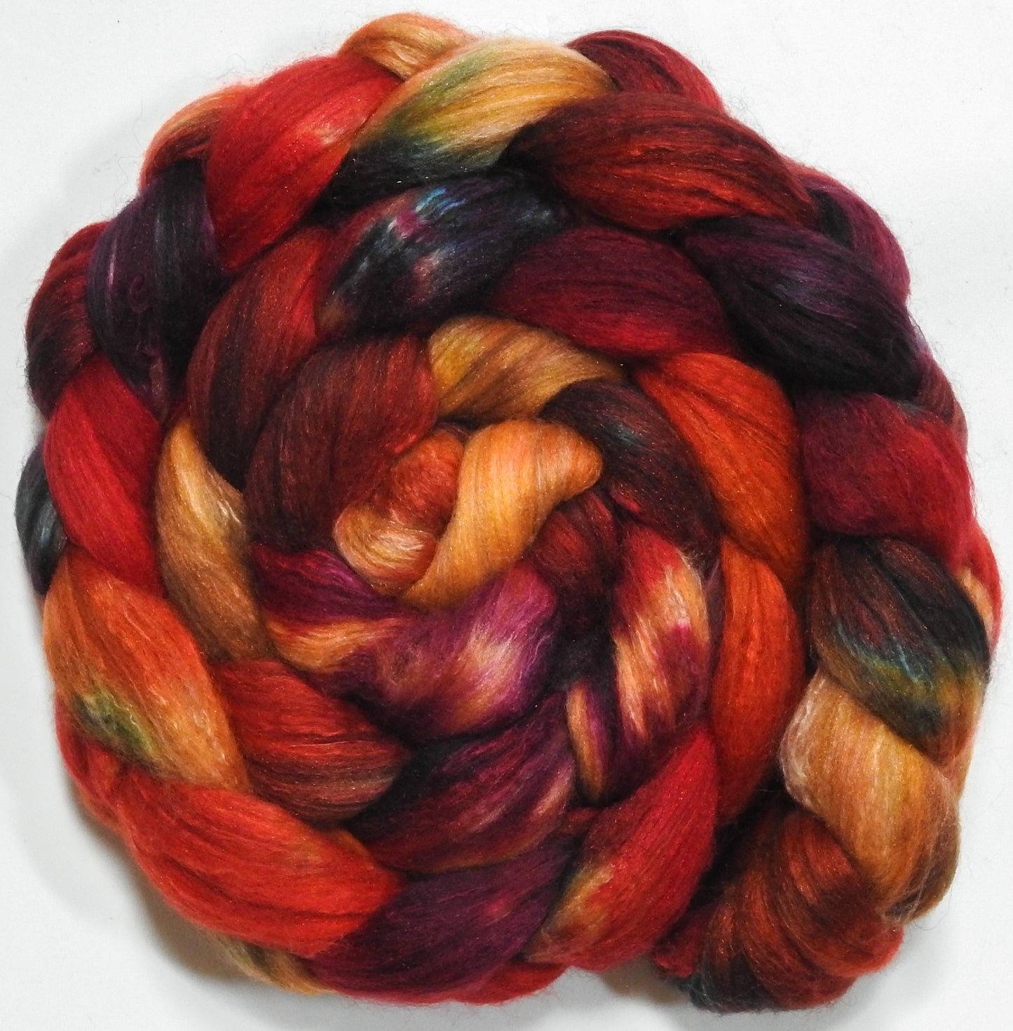 Dragon-Fire (5.6 oz) - Batt in a Braid #7 - Polwarth/ Manx / Mulberry silk/ Firestar (30/30/30/10)