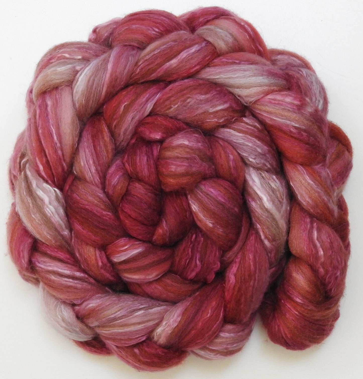 Rouge (5.5 oz) - Batt in a Braid #7 - Polwarth/ Manx / Mulberry silk/ Firestar (30/30/30/10)