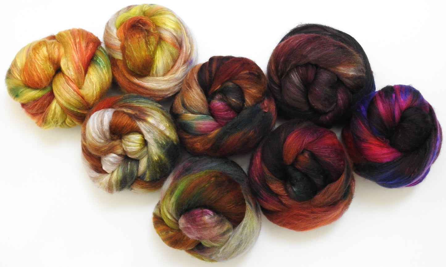 Flight of the Bumblebee Gradient Set (11.1 oz) - Batt in a Braid #7 - Polwarth/ Manx / Mulberry silk/ Firestar (30/30/30/10)