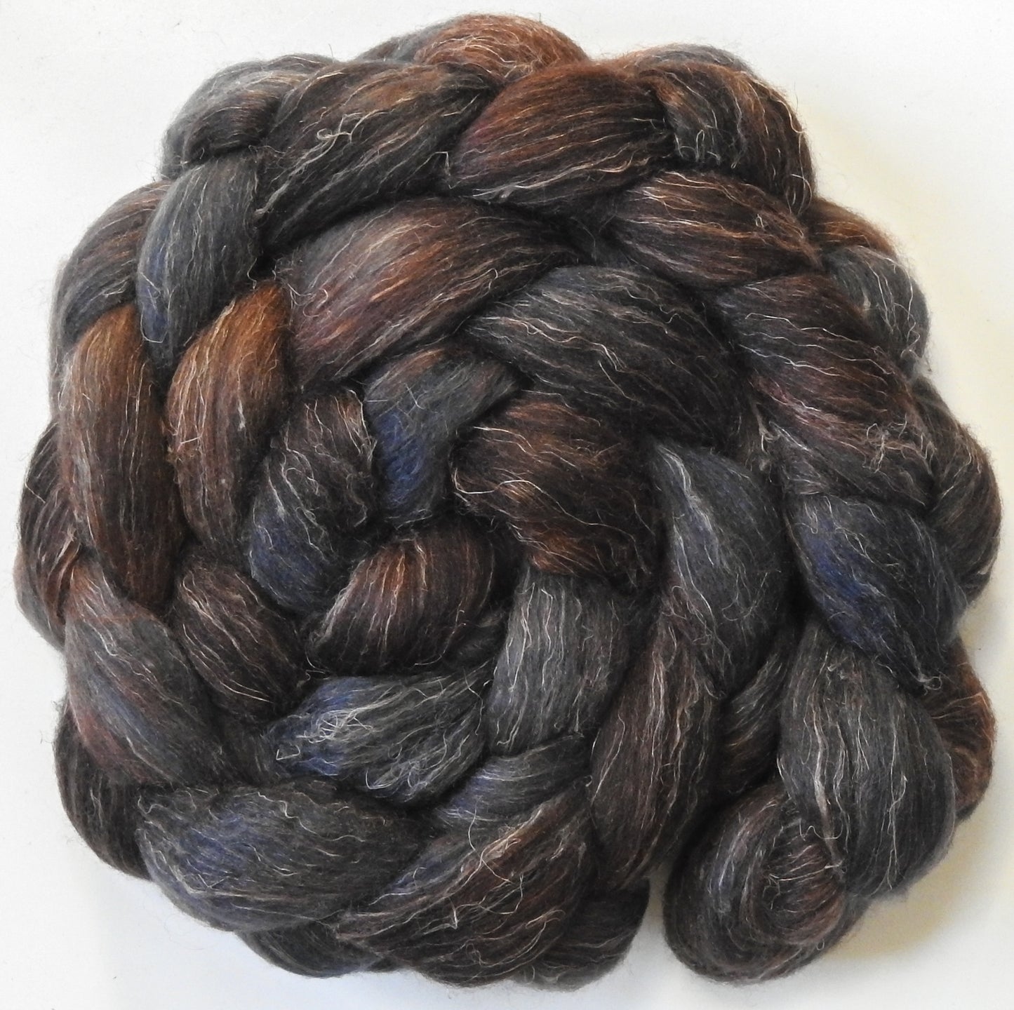 Soot (5.7 oz) - Batt in a Braid #3 - Polwarth/ Tussah Silk/ Flax (50/25/25)
