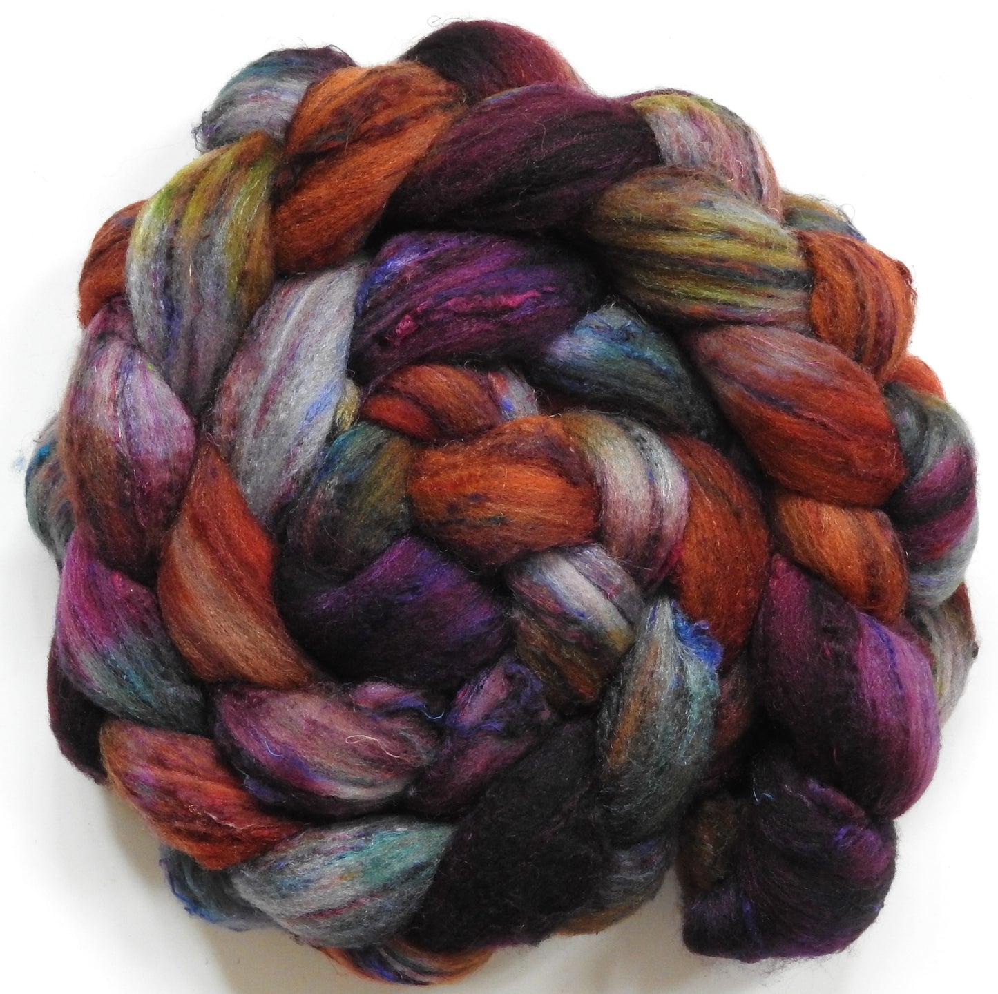 Leatherbound (5.5 oz) - Batt in a Braid #65 - Rambouillet/ Cormo / Sari silk/ Tussah silk (40/25/25/10)
