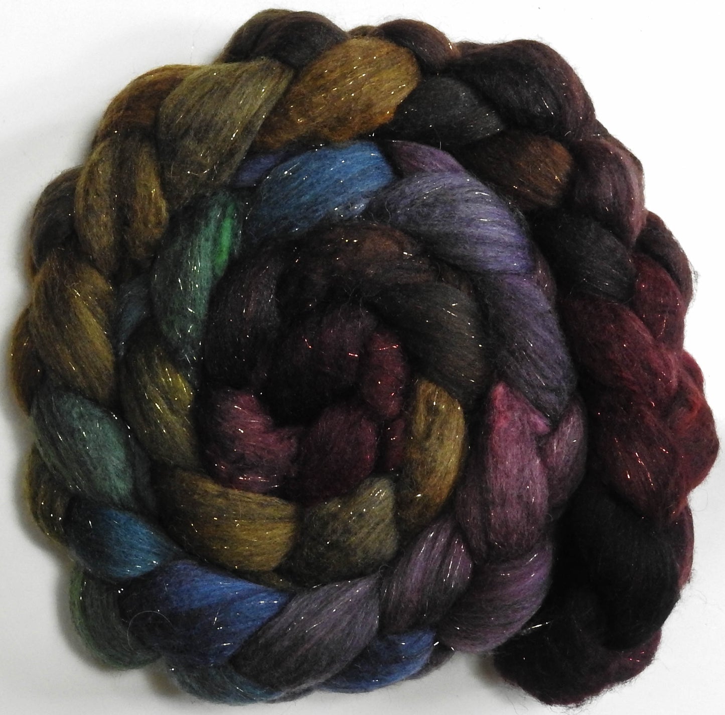 End of the Rainbow (5.5 oz) - Batt in a Braid #59- Merino/ Baby Camel/ black Tussah Silk/ Gold Stellina(40/25/25/10)