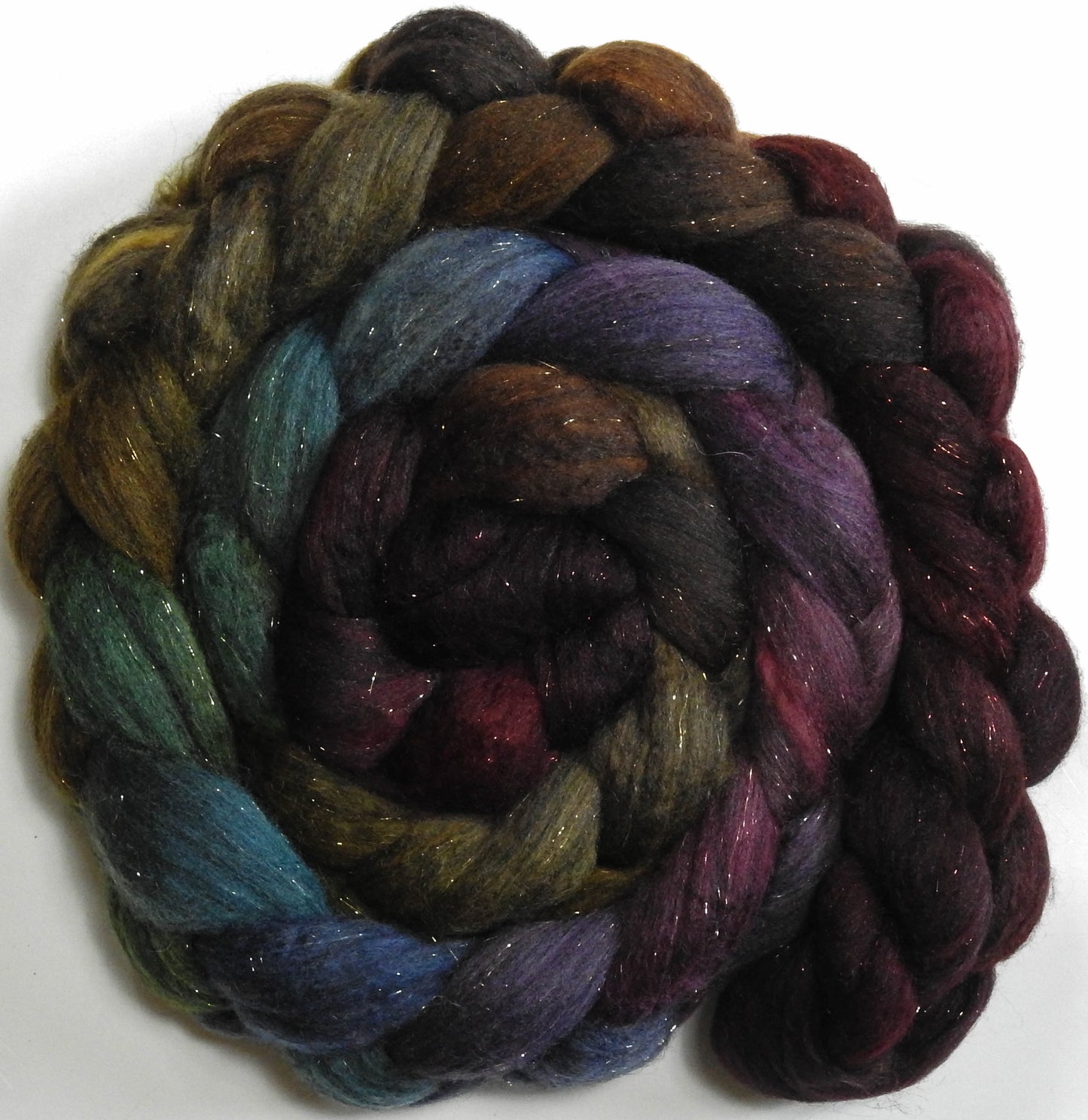 End of the Rainbow (5.5 oz) - Batt in a Braid #59- Merino/ Baby Camel/ black Tussah Silk/ Gold Stellina(40/25/25/10)