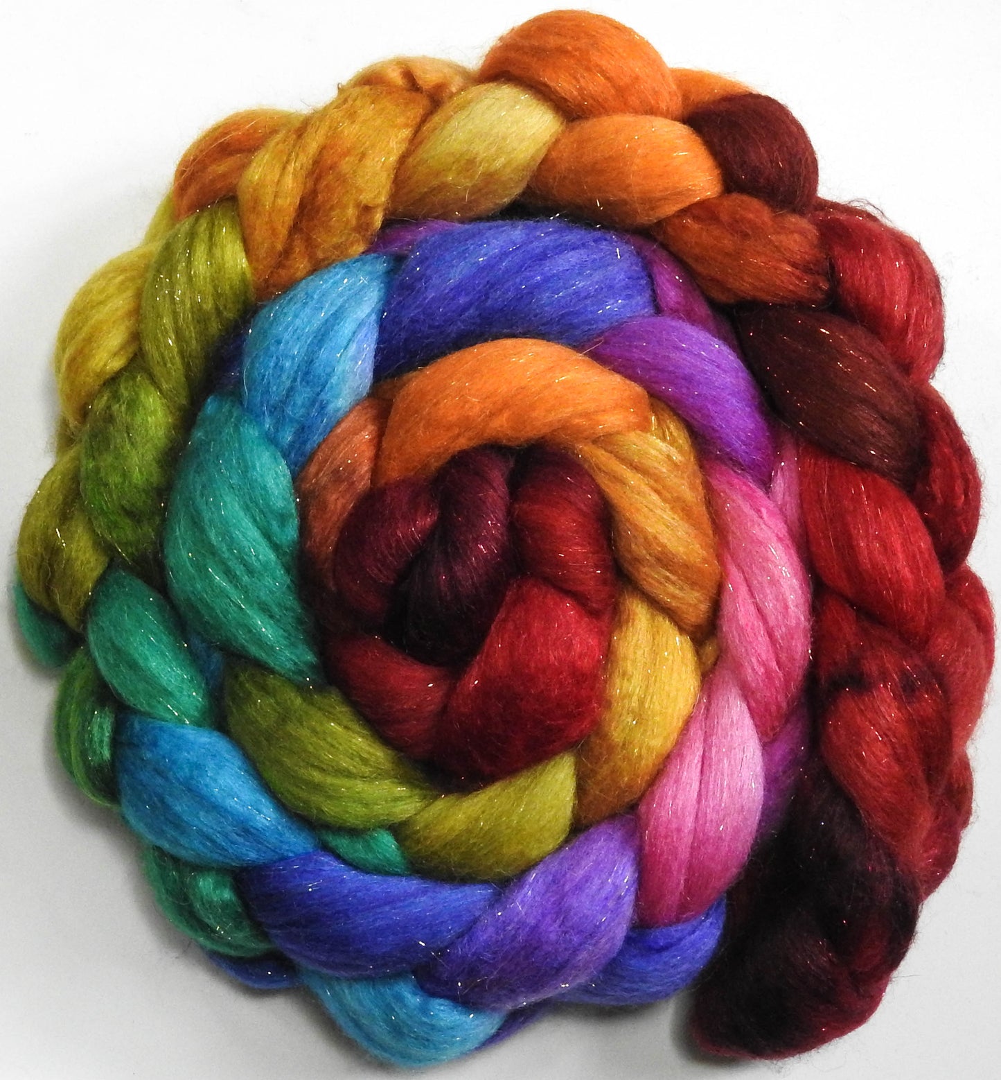 End of the Rainbow (5.7 oz.) - Batt in a Braid #41 - Llama / Merino ( 18 mic.)/ Mulberry silk/ Stellina (40/30/25/5)