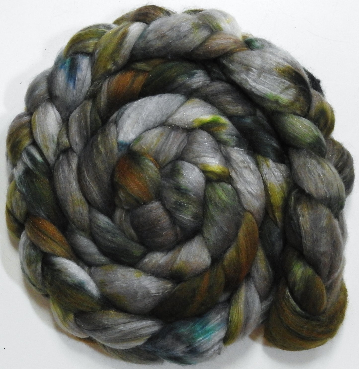 Green Tea (5.8 oz) - Batt in a Braid #5 - Merino/ Camel/ silk/ faux cashmere/ firestar (25/25/25/13/12)