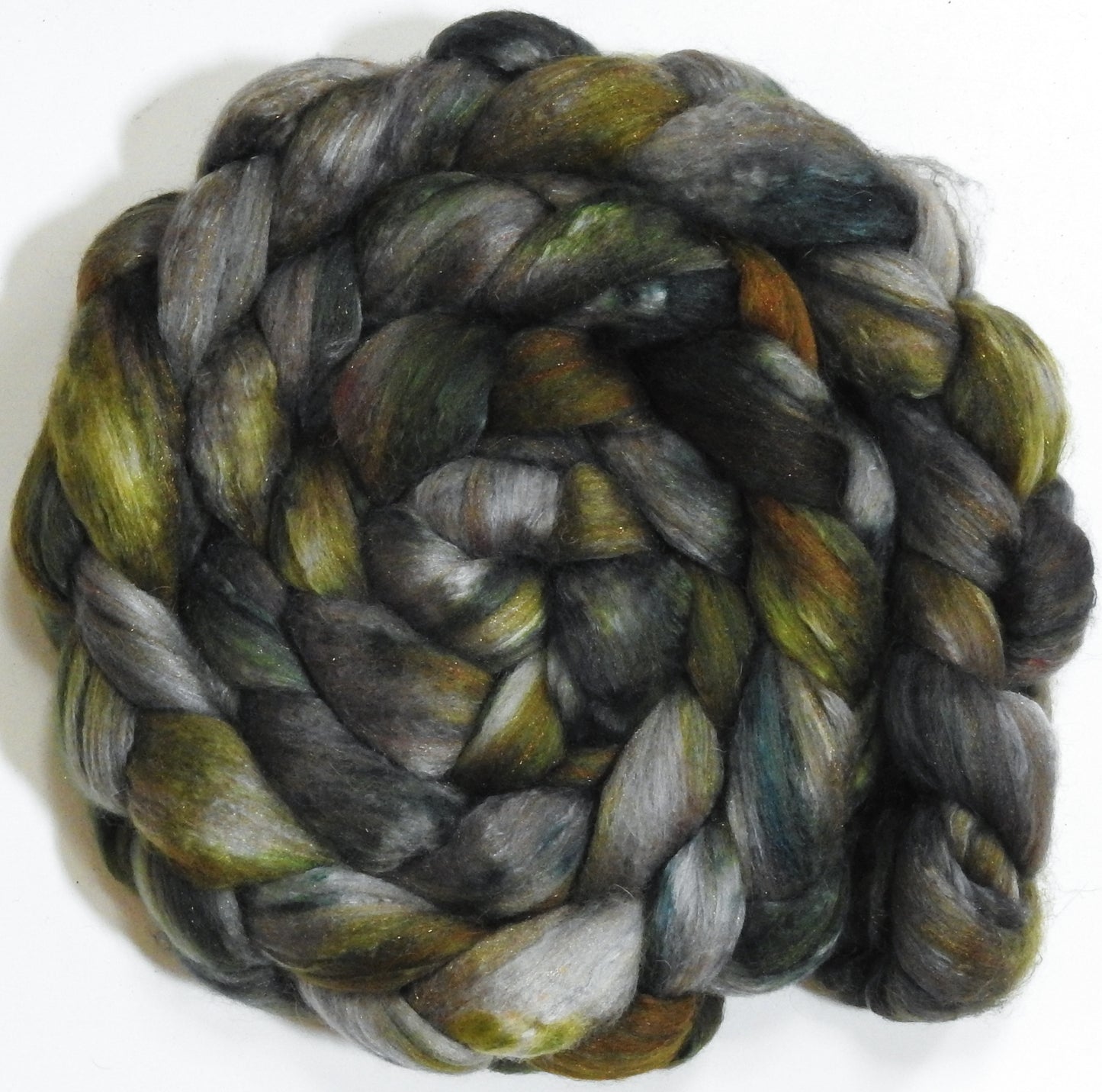 Green Tea (5.8 oz) - Batt in a Braid #5 - Merino/ Camel/ silk/ faux cashmere/ firestar (25/25/25/13/12)