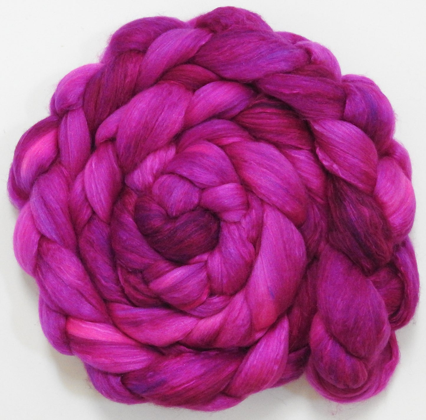 Dragonfruit - (5.6 oz) - Batt in a Braid #5 - Merino/ Camel/ silk/ faux cashmere/ firestar (25/25/25/13/12)