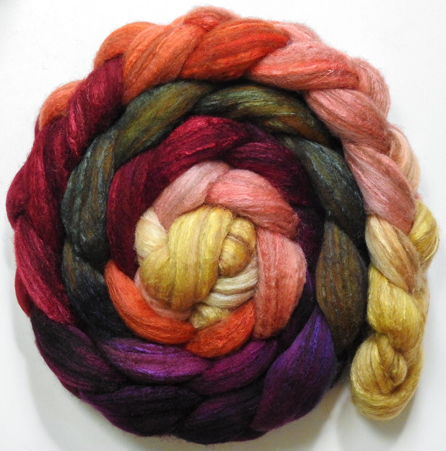 Cherry Medley (5.6 oz) - Batt in a Braid #69 - Manx Loaghtan/ Polwarth / tussah silk /nylon (30/30/30/10)
