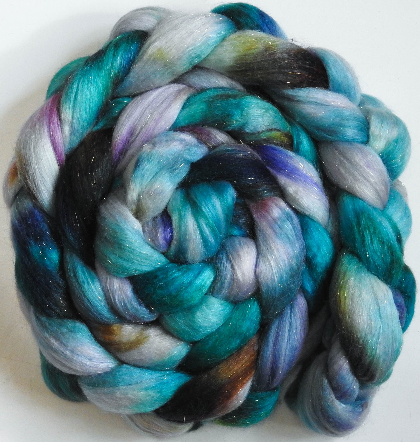 Second Wind (5.7 oz.) - Batt in a Braid #41 - Llama / Merino ( 18 mic.)/ Mulberry silk/ Stellina (40/30/25/5)