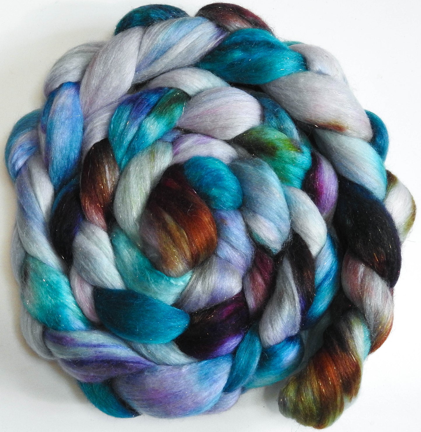 Second Wind (5.7 oz.) - Batt in a Braid #41 - Llama / Merino ( 18 mic.)/ Mulberry silk/ Stellina (40/30/25/5)