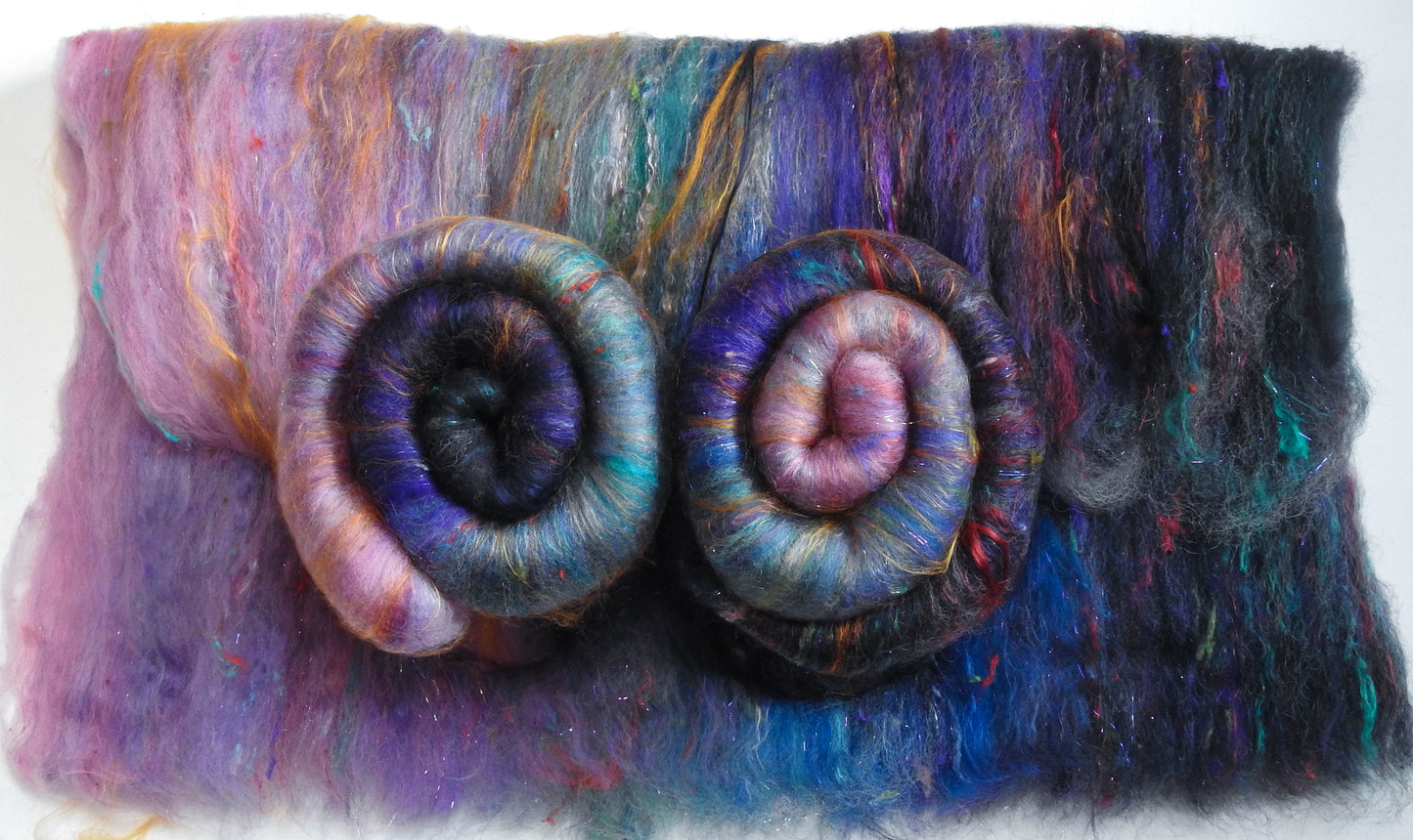 Enchanted Valley - Sparkle Roly-poly batt -Nash Island fleece; merino, polwarth, silk, bamboo, silk noil, angelina