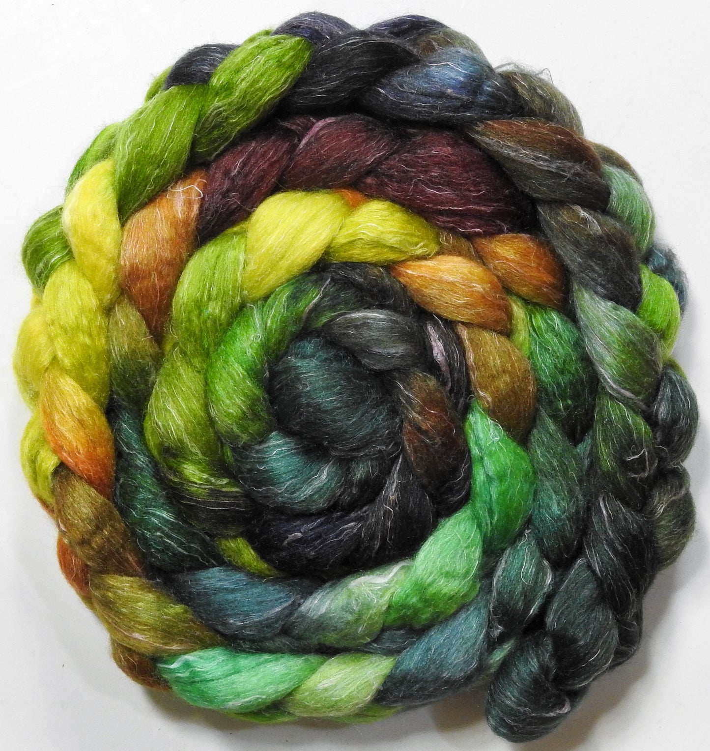 Mossy (5.6 oz) - Batt in a Braid #3 - Polwarth/ Tussah Silk/ Flax (50/25/25)