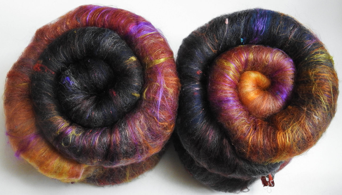 House of the Owl Witch (3.8 oz) -Sparkle Roly-poly batt -Nash Island fleece; merino, CAMEL, polwarth, silk, bamboo, silk noil, angelina