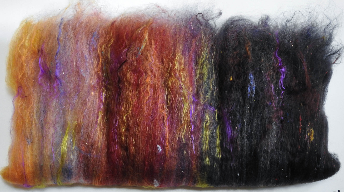 House of the Owl Witch (3.8 oz) -Sparkle Roly-poly batt -Nash Island fleece; merino, CAMEL, polwarth, silk, bamboo, silk noil, angelina