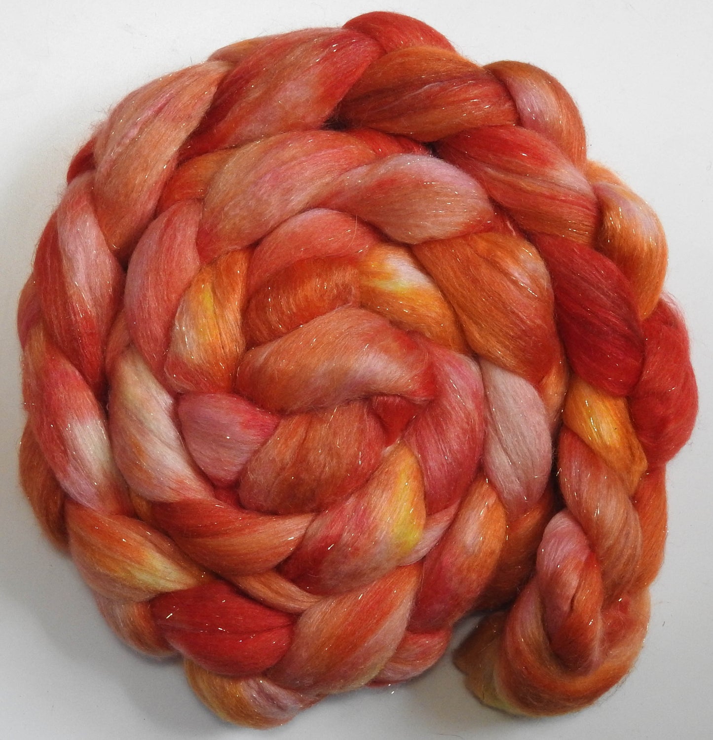 Hibiscus (5.6 oz.) - Batt in a Braid #41 - Llama / Merino ( 18 mic.)/ Mulberry silk/ Stellina (40/30/25/5)