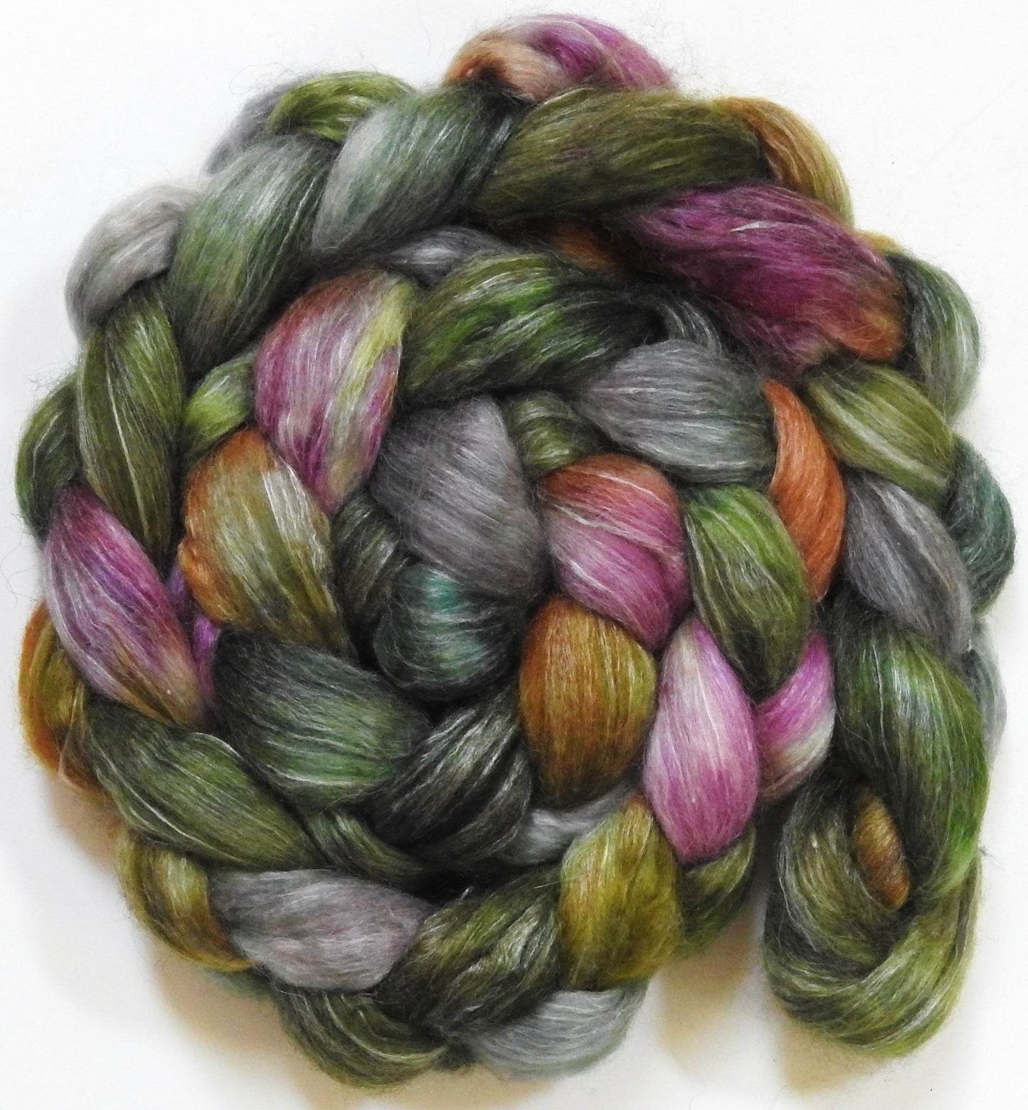 Wood Rose (5.7 oz) - Batt in a Braid #57- Camel/Baby Alpaca/Mint fiber (50/25/25)