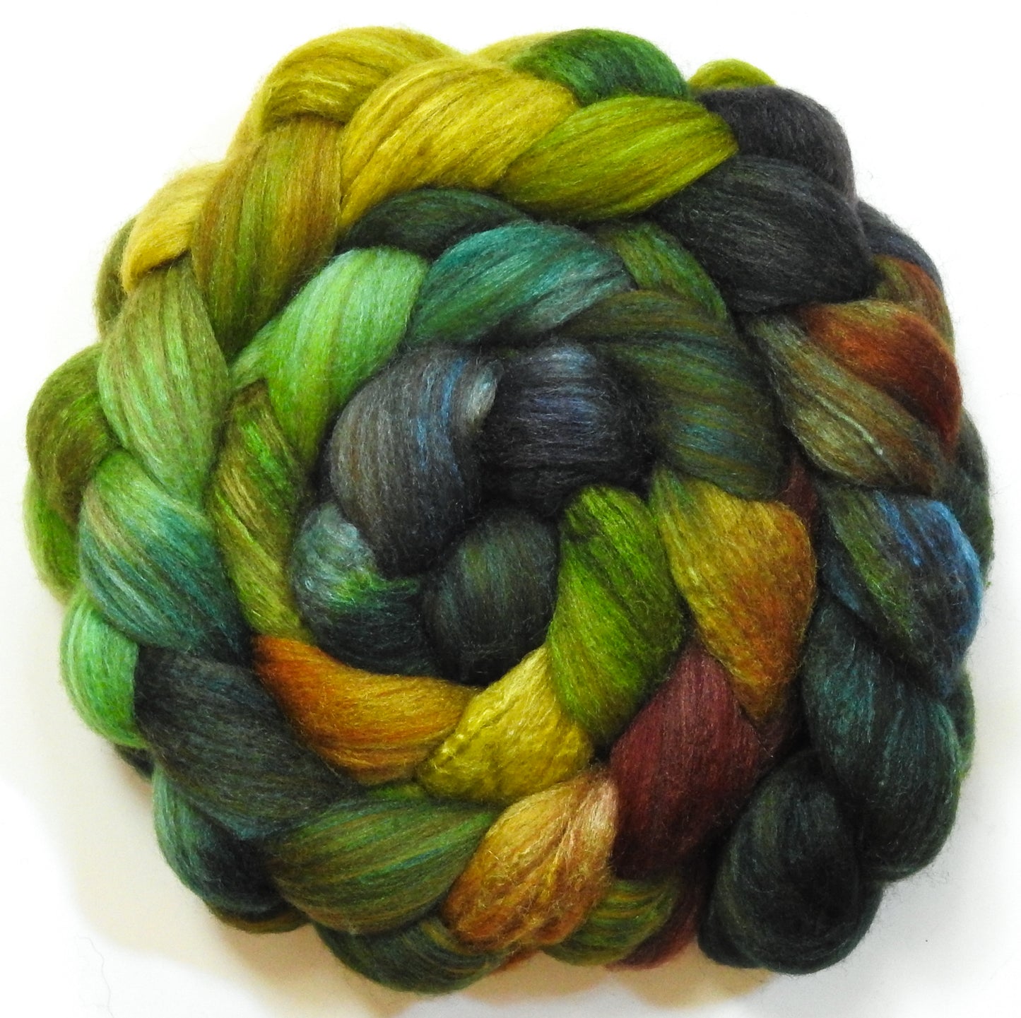 Mossy (5.7 oz) - Batt in a Braid #69 - Manx Loaghtan/ Polwarth / tussah silk /nylon (30/30/30/10)