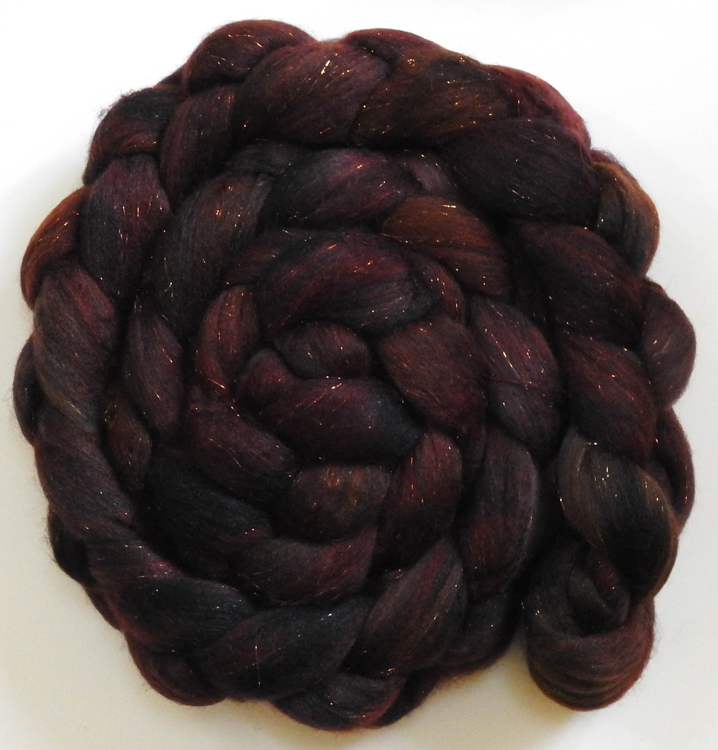 Padauk (5.7 oz) - Batt in a Braid #59- Merino/ Baby Camel/ black Tussah Silk/ Gold Stellina(40/25/25/10)
