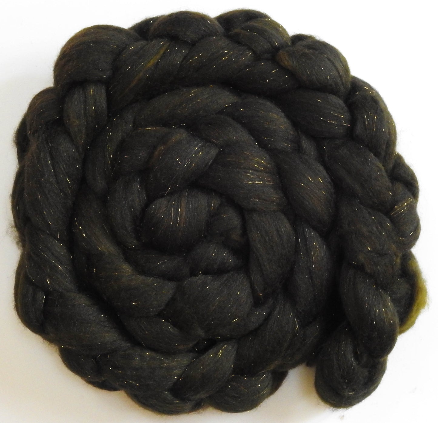 Ribbit (5.7 oz) - Batt in a Braid #59- Merino/ Baby Camel/ black Tussah Silk/ Gold Stellina(40/25/25/10)