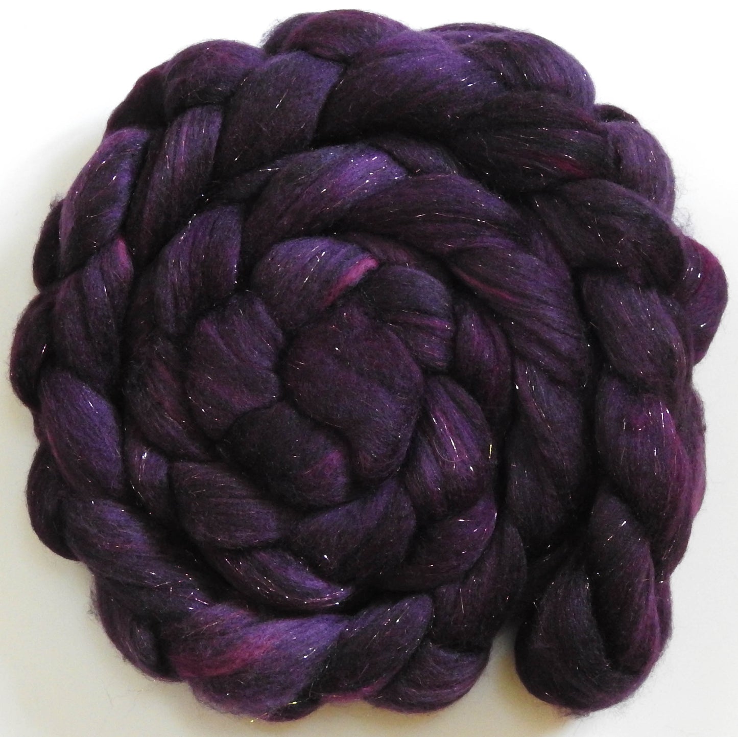 Dragonfruit (5.6 oz) - Batt in a Braid #59- Merino/ Baby Camel/ black Tussah Silk/ Gold Stellina(40/25/25/10)