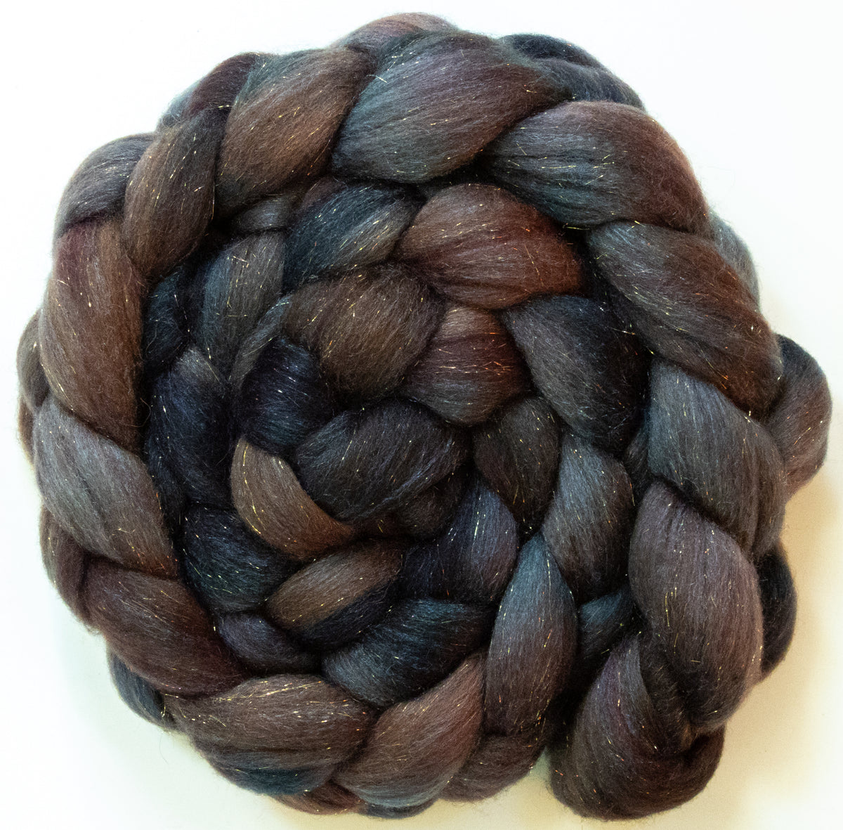 Espresso (5.7 oz) - Batt in a Braid #67 - Polwarth/Baby Camel/Tussah Silk/Gold Stellina (40/25/25/10)