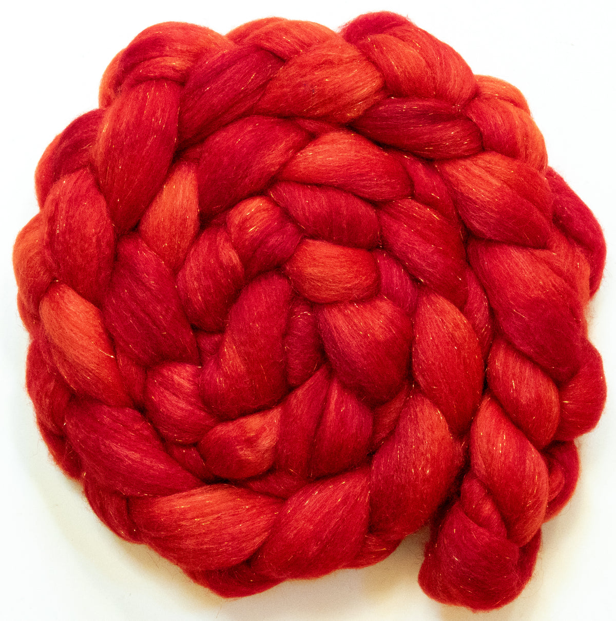 Tomato (5.8 oz) - Batt in a Braid #67 - Polwarth/Baby Camel/Tussah Silk/Gold Stellina (40/25/25/10)