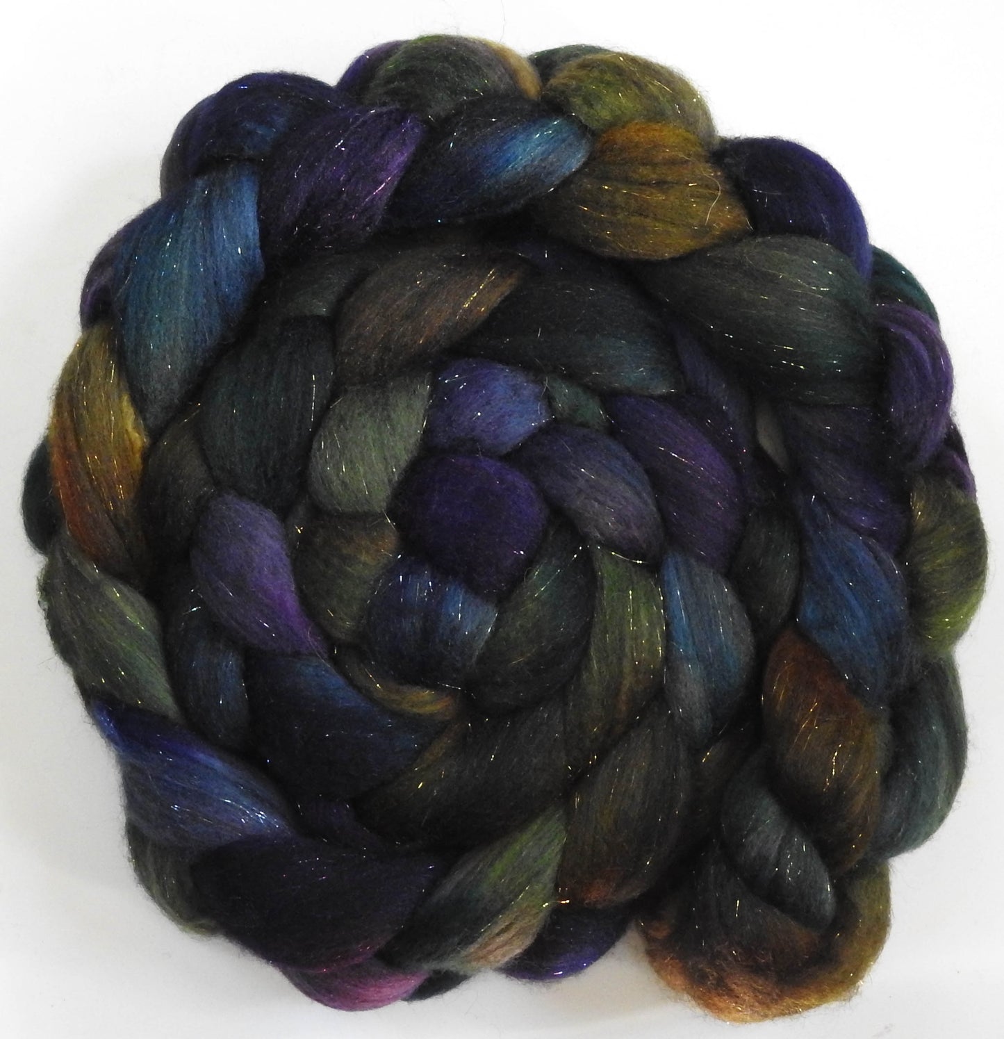 Dragonfly (5.6 oz) - Batt in a Braid #59- Merino/ Baby Camel/ black Tussah Silk/ Gold Stellina(40/25/25/10)