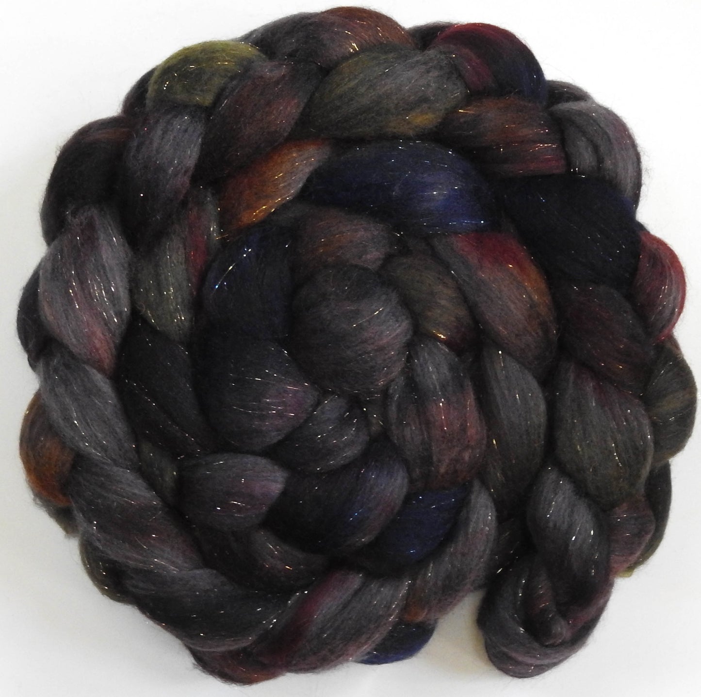 Banksy (5.6 oz) - Batt in a Braid #59- Merino/ Baby Camel/ black Tussah Silk/ Gold Stellina(40/25/25/10)
