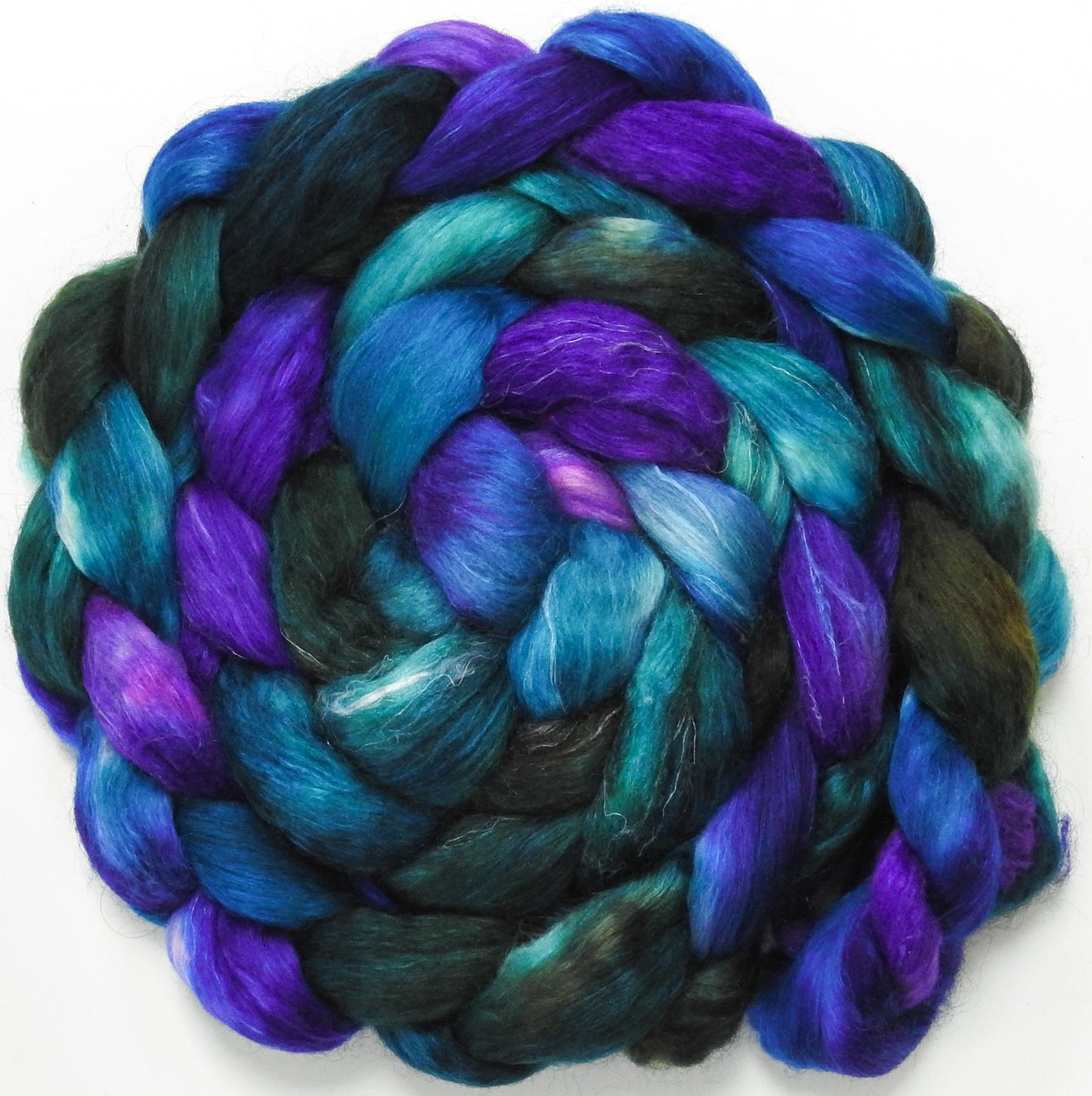 Peacock Ore (5.6 oz) - Batt in a Braid #52- Wensleydale/ Mulberry silk/ Polwarth (60/25/15)