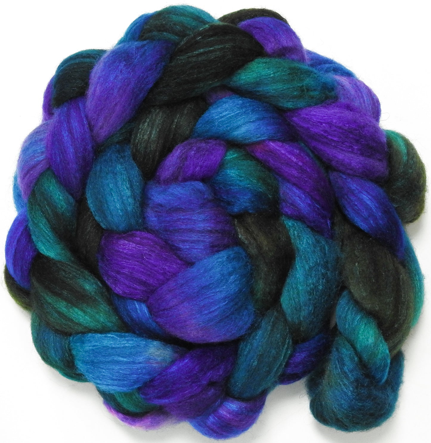 Peacock Ore (5.6 oz) - Batt in a Braid #27 - Lt. Grey Shetland/ Falkland Merino / tussah silk (50/25/25)