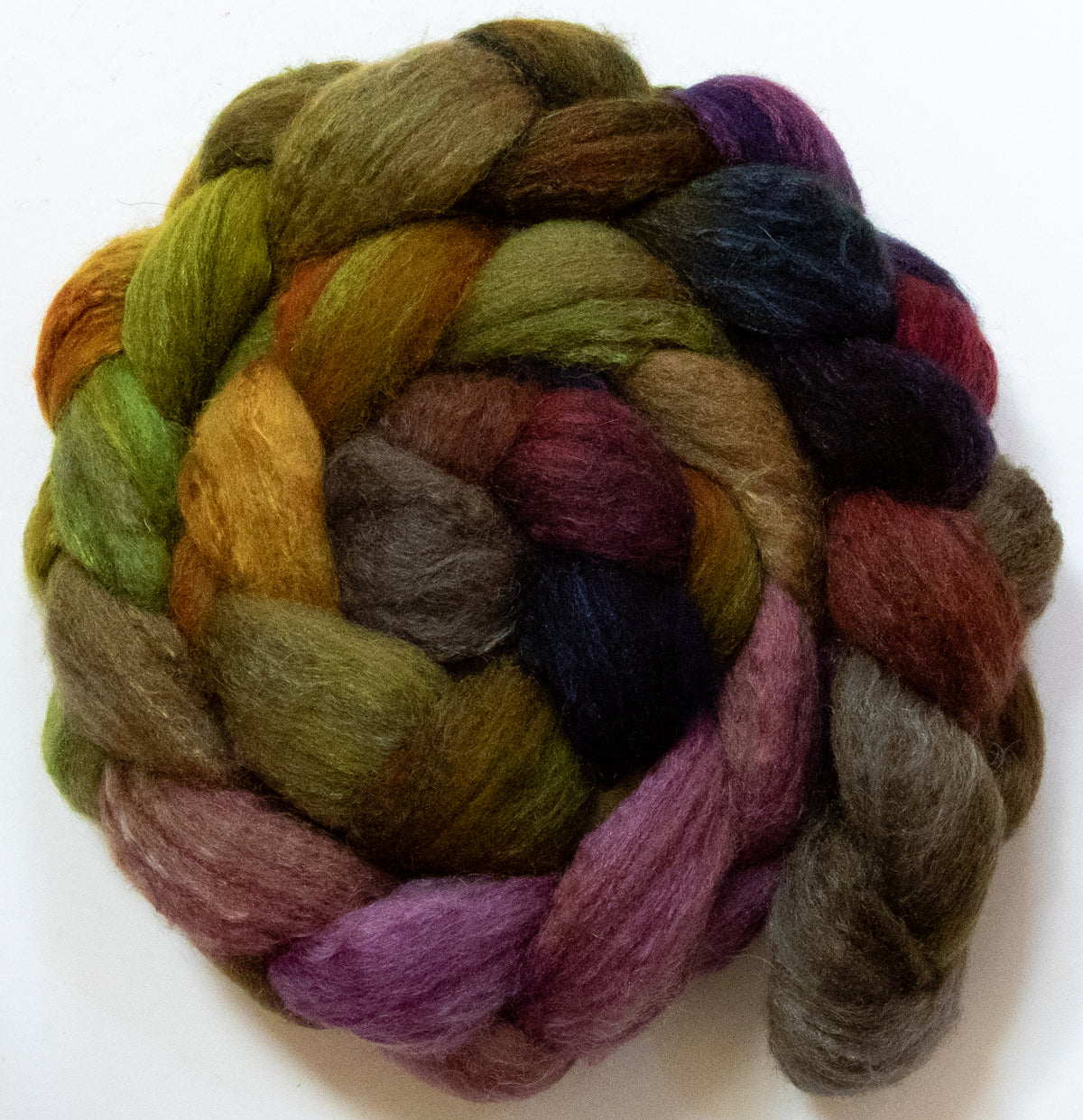 Tapenade (5.8 oz) - Batt in a Braid #44 - Southdown/Tussah Silk/Kid Mohair (65/25/10)