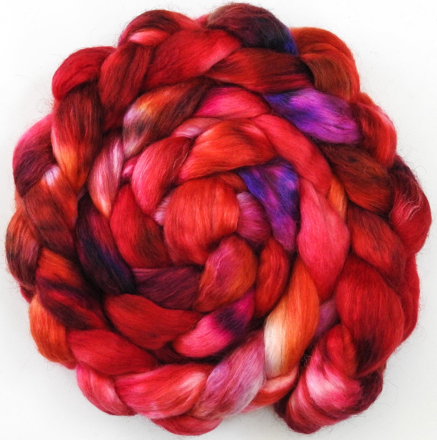 Sour Cherry (5.6 oz) - Batt in a Braid #52- Wensleydale/ Mulberry silk/ Polwarth (60/25/15)
