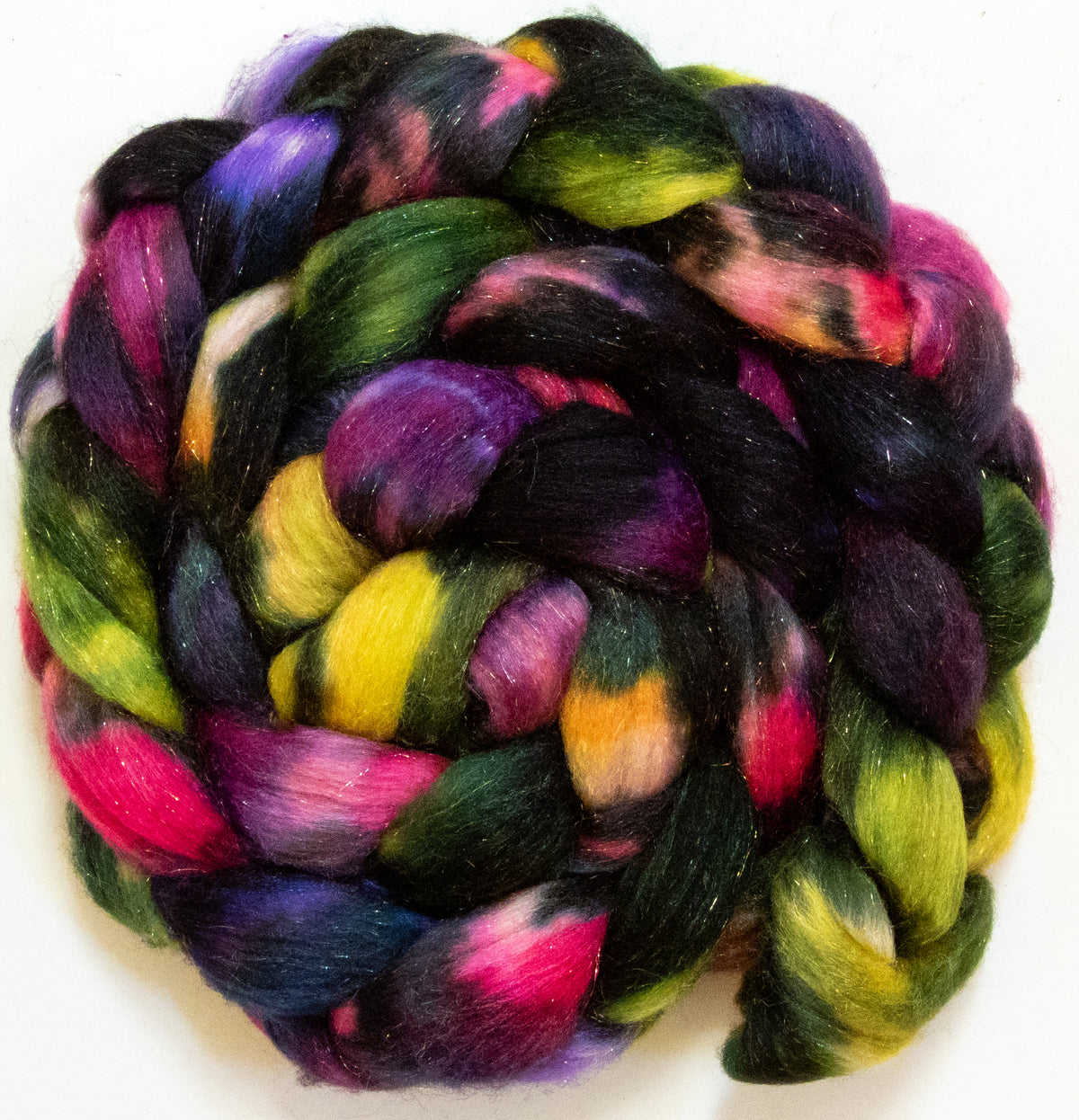 Stained Glass (5.7 oz) - Batt in a Braid #67 - Polwarth/Baby Camel/Tussah Silk/Gold Stellina (40/25/25/10)
