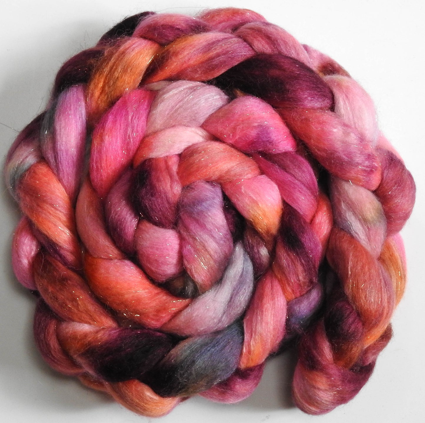 Sourpuss (5.6 oz.) - Batt in a Braid #41 - Llama / Merino ( 18 mic.)/ Mulberry silk/ Stellina (40/30/25/5)