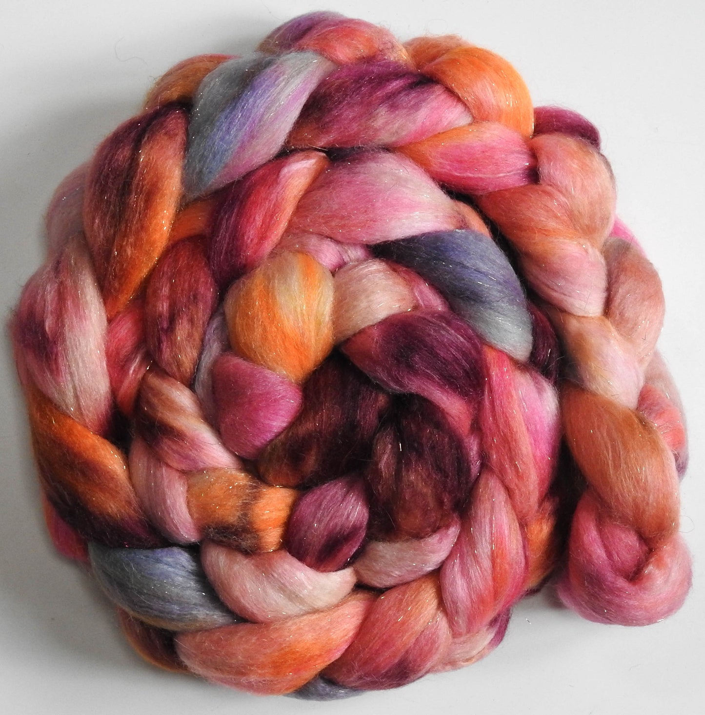 Sourpuss (5.6 oz.) - Batt in a Braid #41 - Llama / Merino ( 18 mic.)/ Mulberry silk/ Stellina (40/30/25/5)