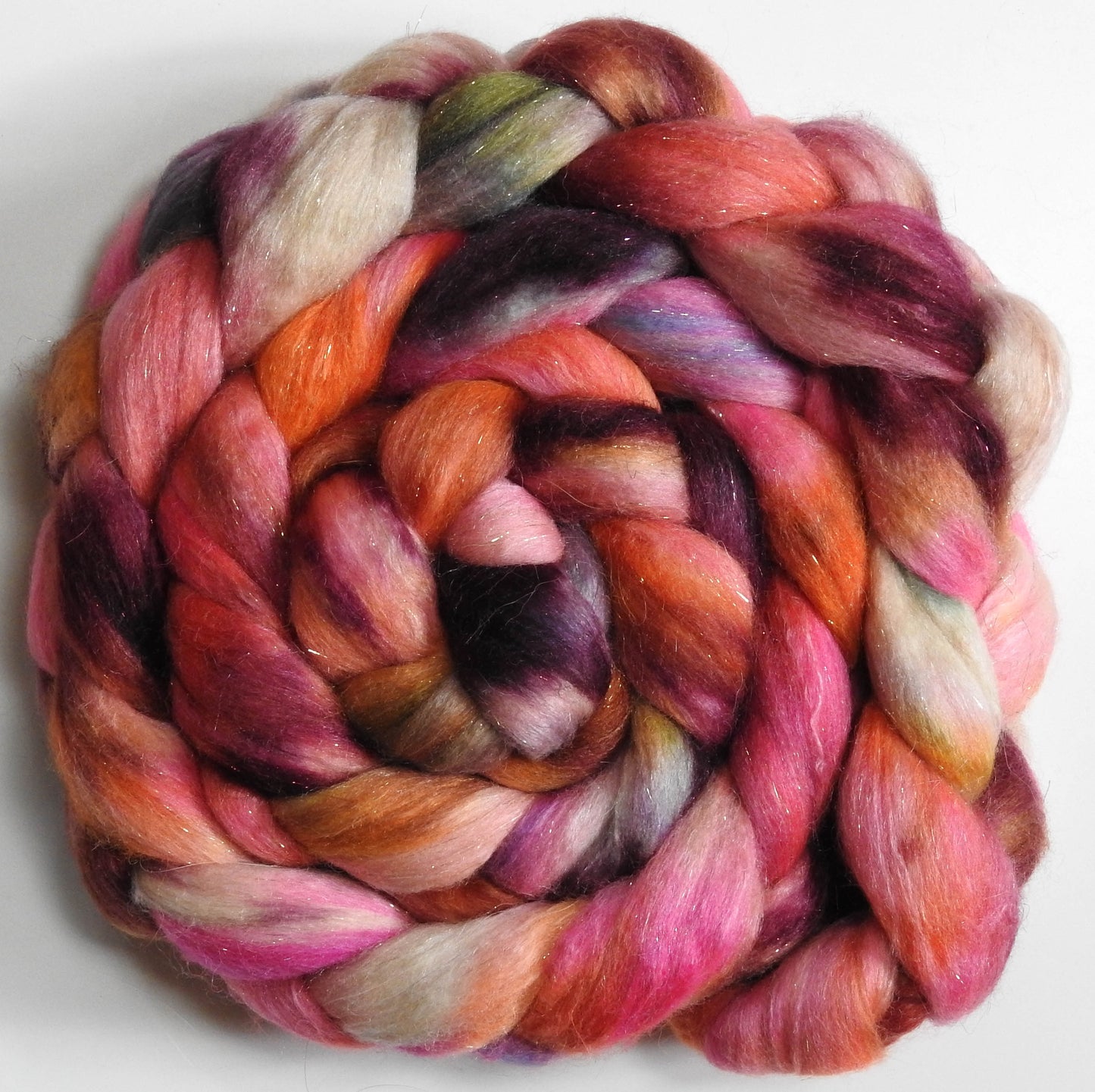 Sourpuss (5.6 oz.) - Batt in a Braid #41 - Llama / Merino ( 18 mic.)/ Mulberry silk/ Stellina (40/30/25/5)