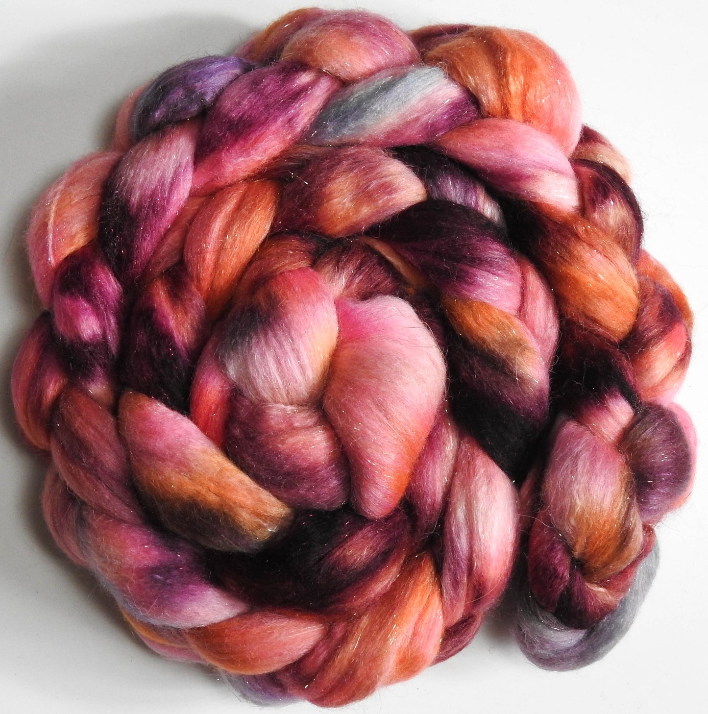 Sourpuss (5.6 oz.) - Batt in a Braid #41 - Llama / Merino ( 18 mic.)/ Mulberry silk/ Stellina (40/30/25/5)