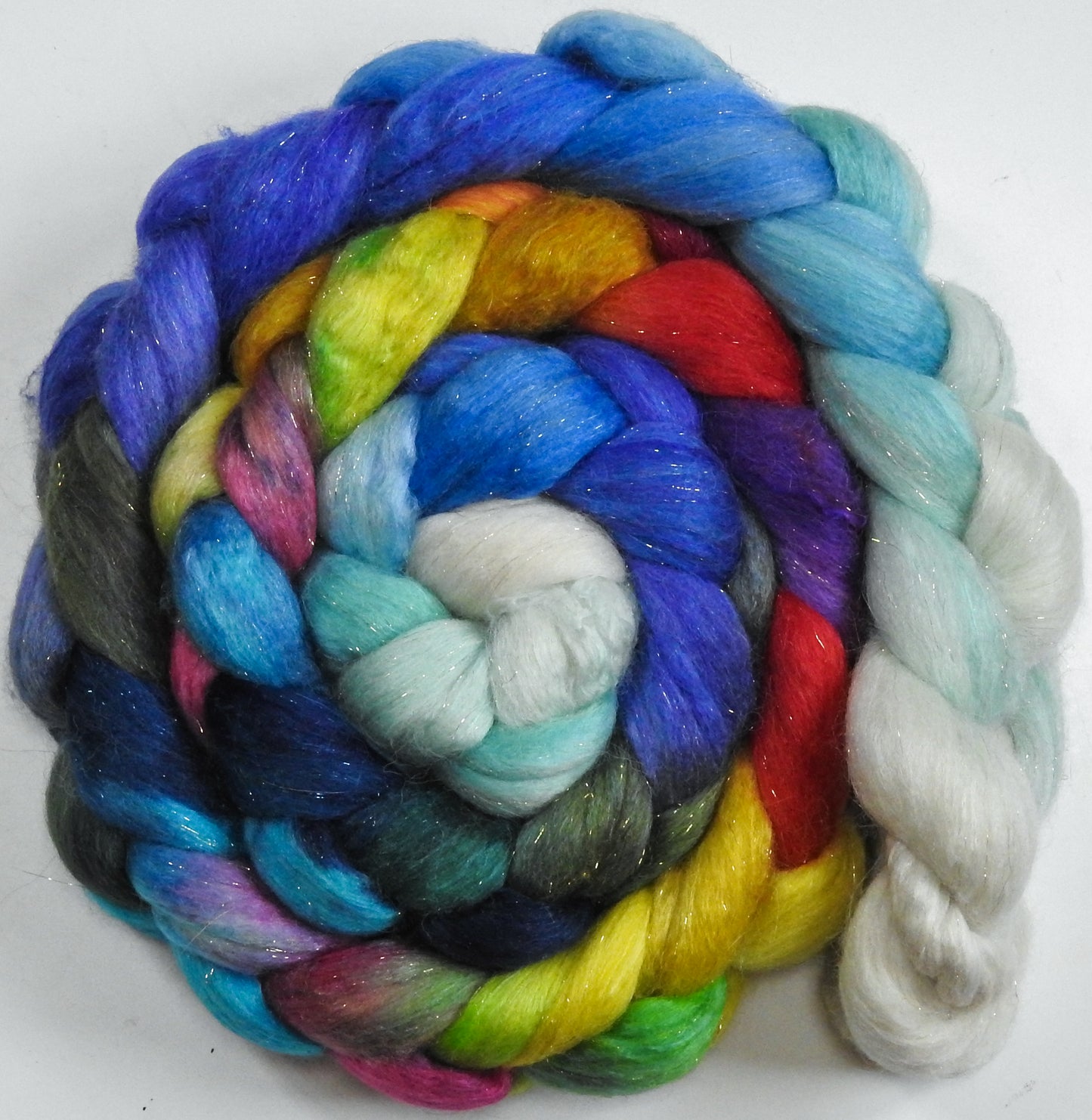 Twinkle Lights (5.6 oz.) - Batt in a Braid #41 - Llama / Merino ( 18 mic.)/ Mulberry silk/ Stellina (40/30/25/5)