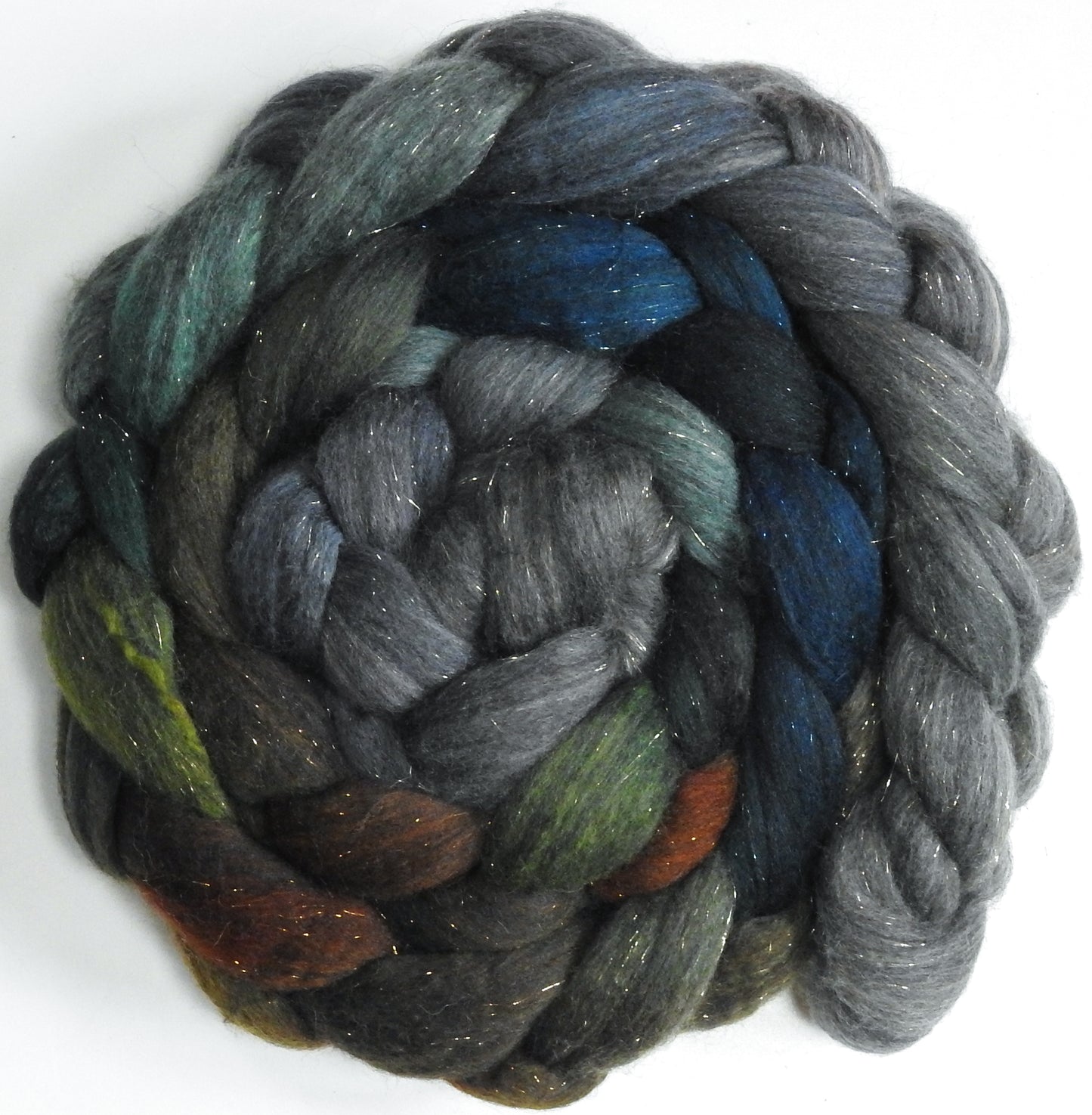Merpeople (5.2 oz) - Batt in a Braid #59- Merino/ Baby Camel/ black Tussah Silk/ Gold Stellina(40/25/25/10)