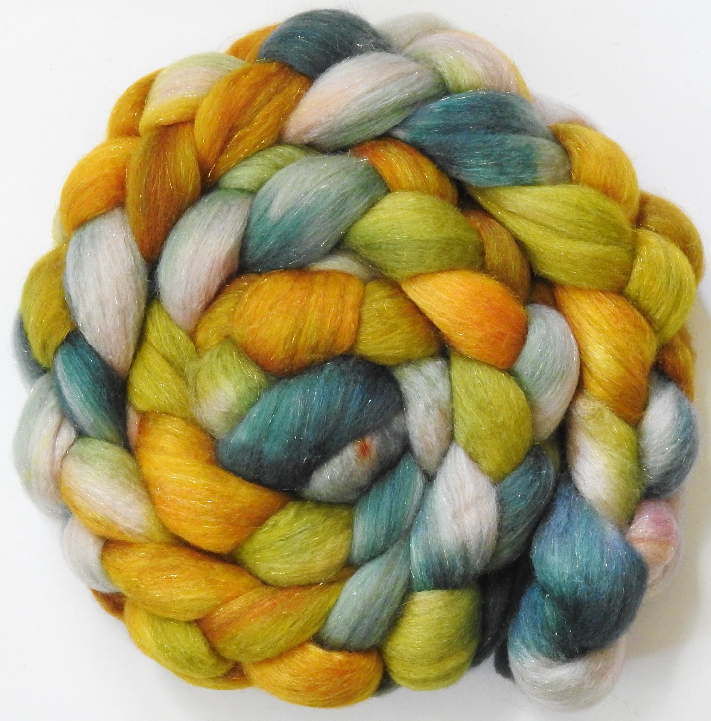 Goldberry (5.6 oz) - Batt in a Braid #67 - Polwarth/Baby Camel/Tussah Silk/ Gold Stellina (40/25/25/10)