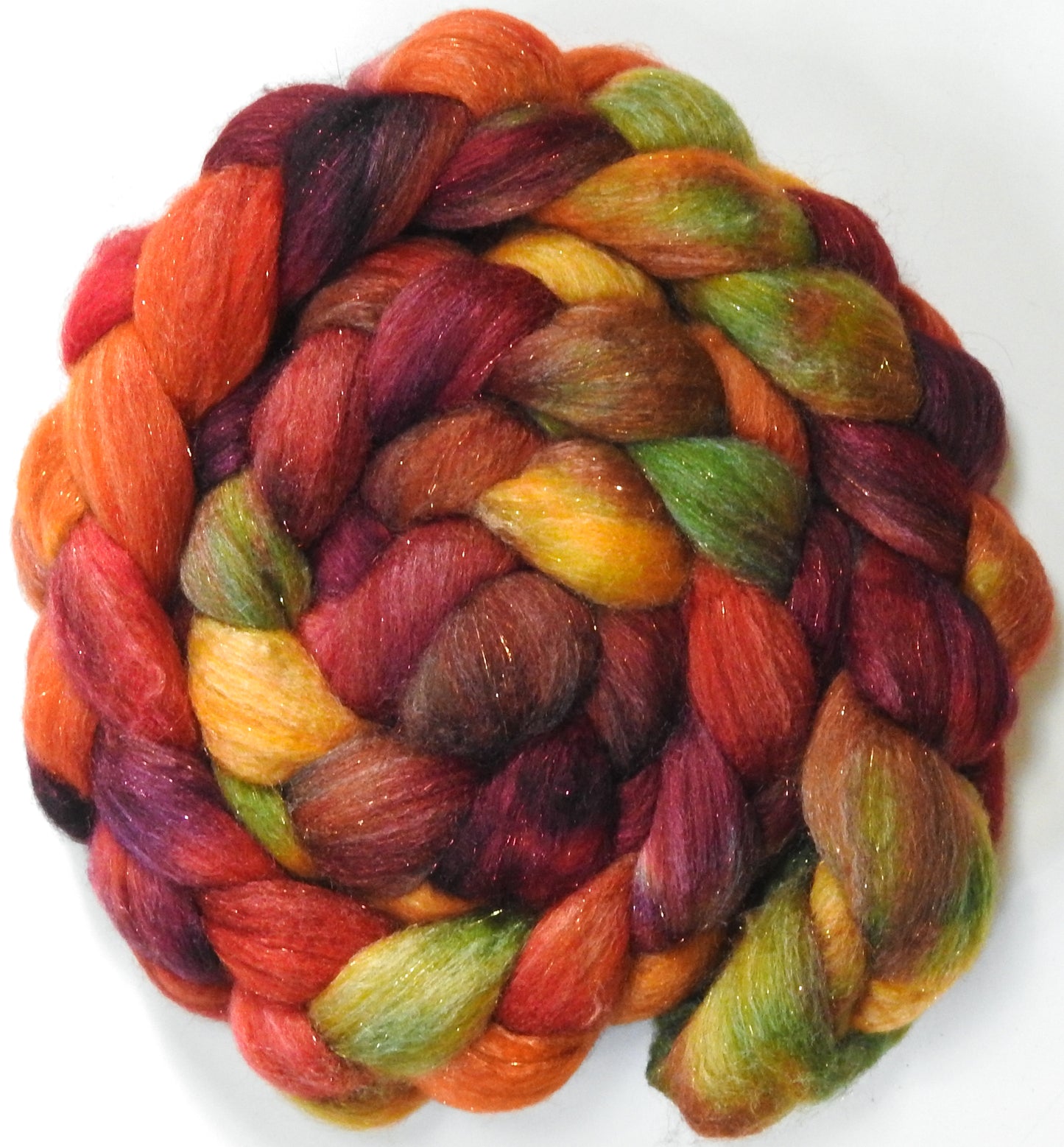 Dragon-Fire (5.7 oz) - Batt in a Braid #67 - Polwarth/Baby Camel/Tussah Silk/ Gold Stellina (40/25/25/10)