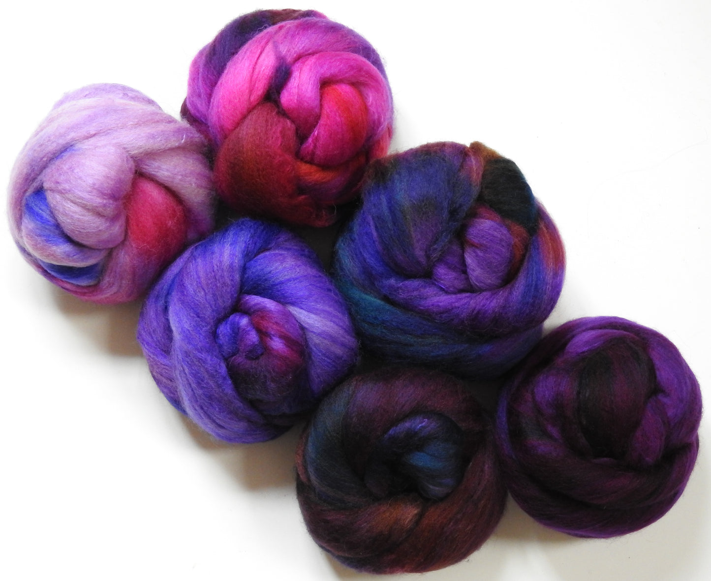 Crushed Pokeberries - Gradient Set -(8.5 oz) Batt in a Braid #63 ( Cormo/camel/silk -60/20/20)