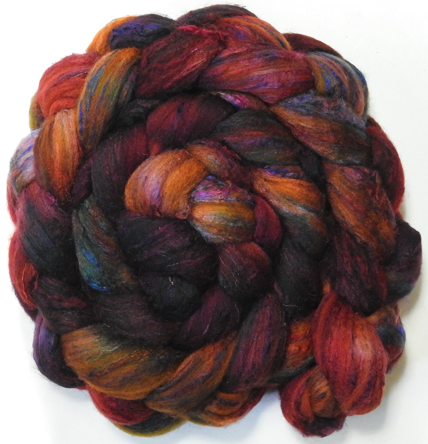 Dragon-fire (5.7 oz) - Batt in a Braid #65 - Rambouillet/ Cormo / Sari silk/ Tussah silk (40/25/25/10)