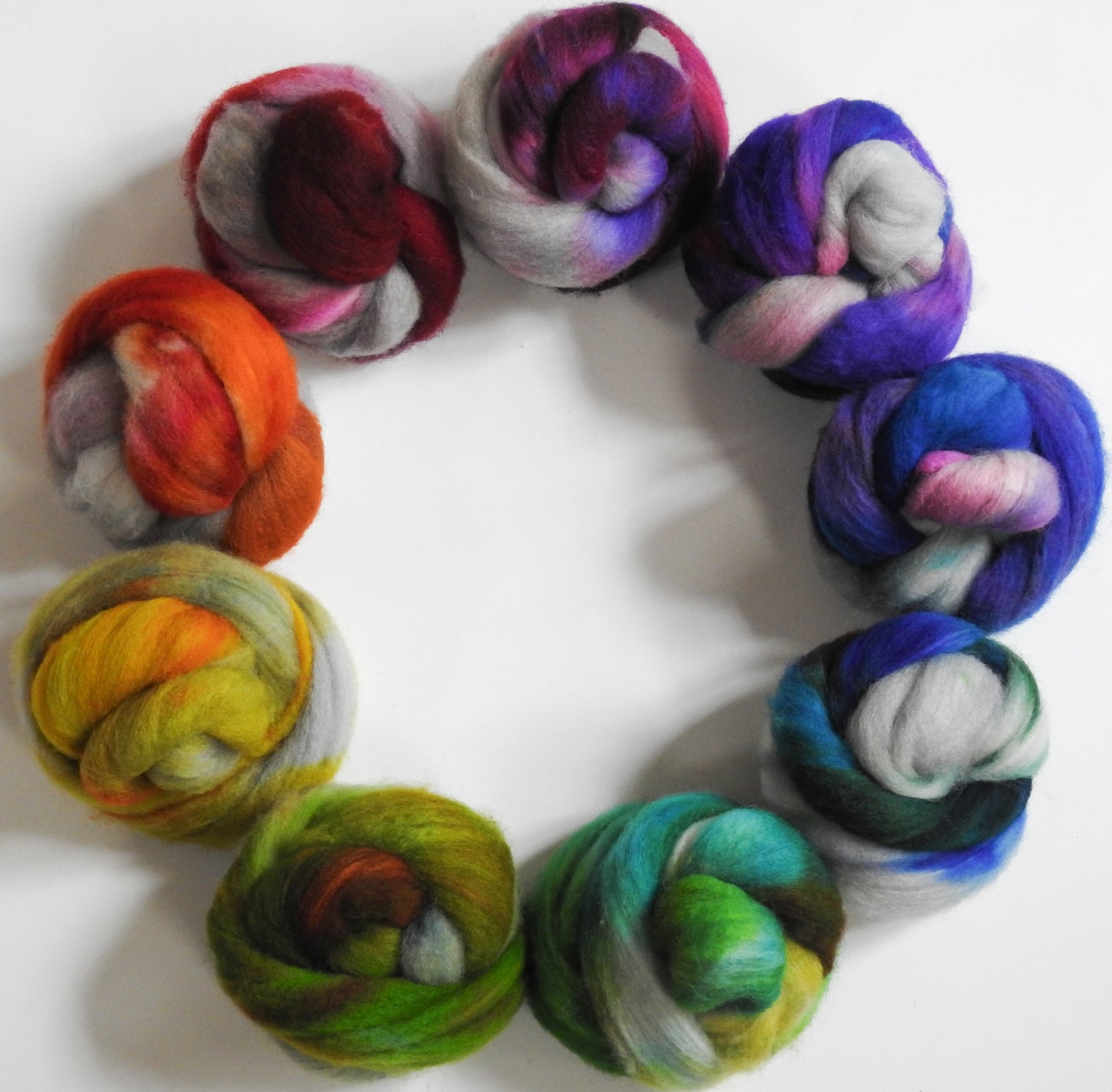 Roy G Biv (with a side of Clouds) -Gradient Set-(12.9 oz) Batt in a Braid #60- Southdown/ Bfl/ Bio-nylon (50/25/25)