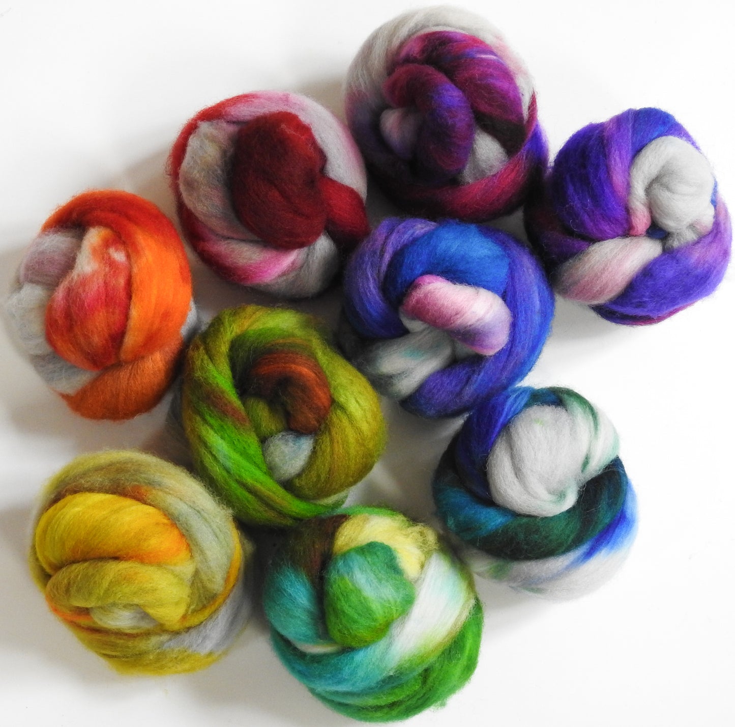 Roy G Biv (with a side of Clouds) -Gradient Set-(12.9 oz) Batt in a Braid #60- Southdown/ Bfl/ Bio-nylon (50/25/25)