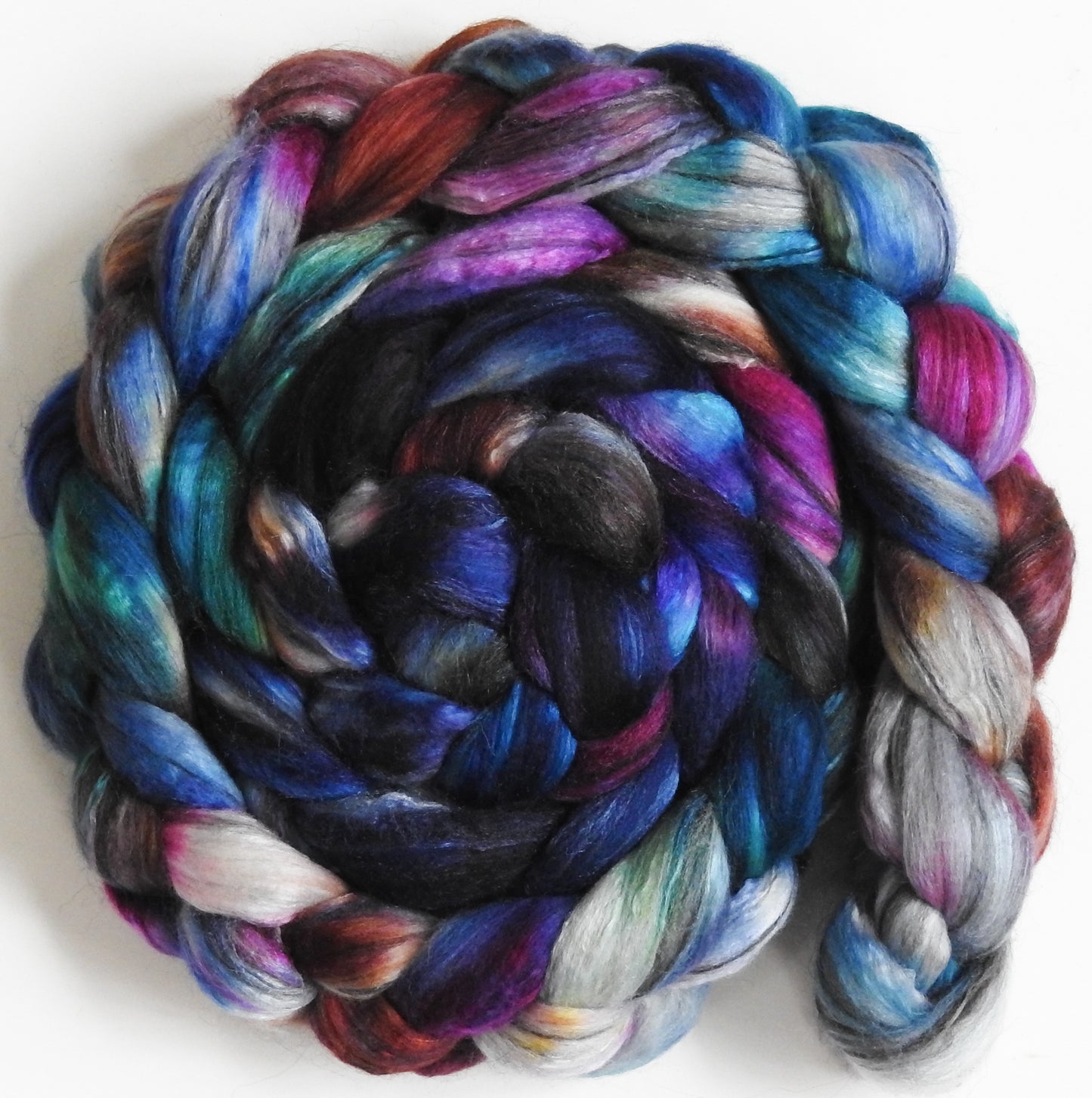Meteor Shower (5.8 oz.) - Batt in a Braid #9 - Superfine Merino/ Mulberry Silk / Black Alpaca (50/40/10)