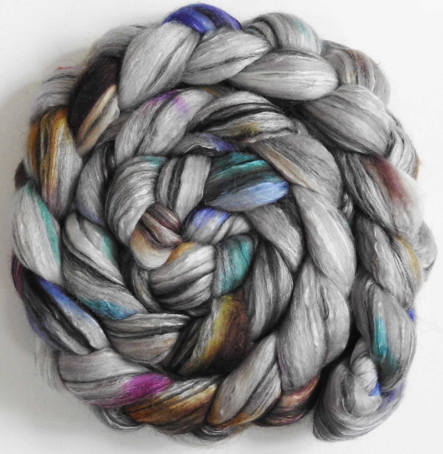 Glass Houses (5.7 oz.) - Batt in a Braid #9 - Superfine Merino/ Mulberry Silk / Black Alpaca (50/40/10)