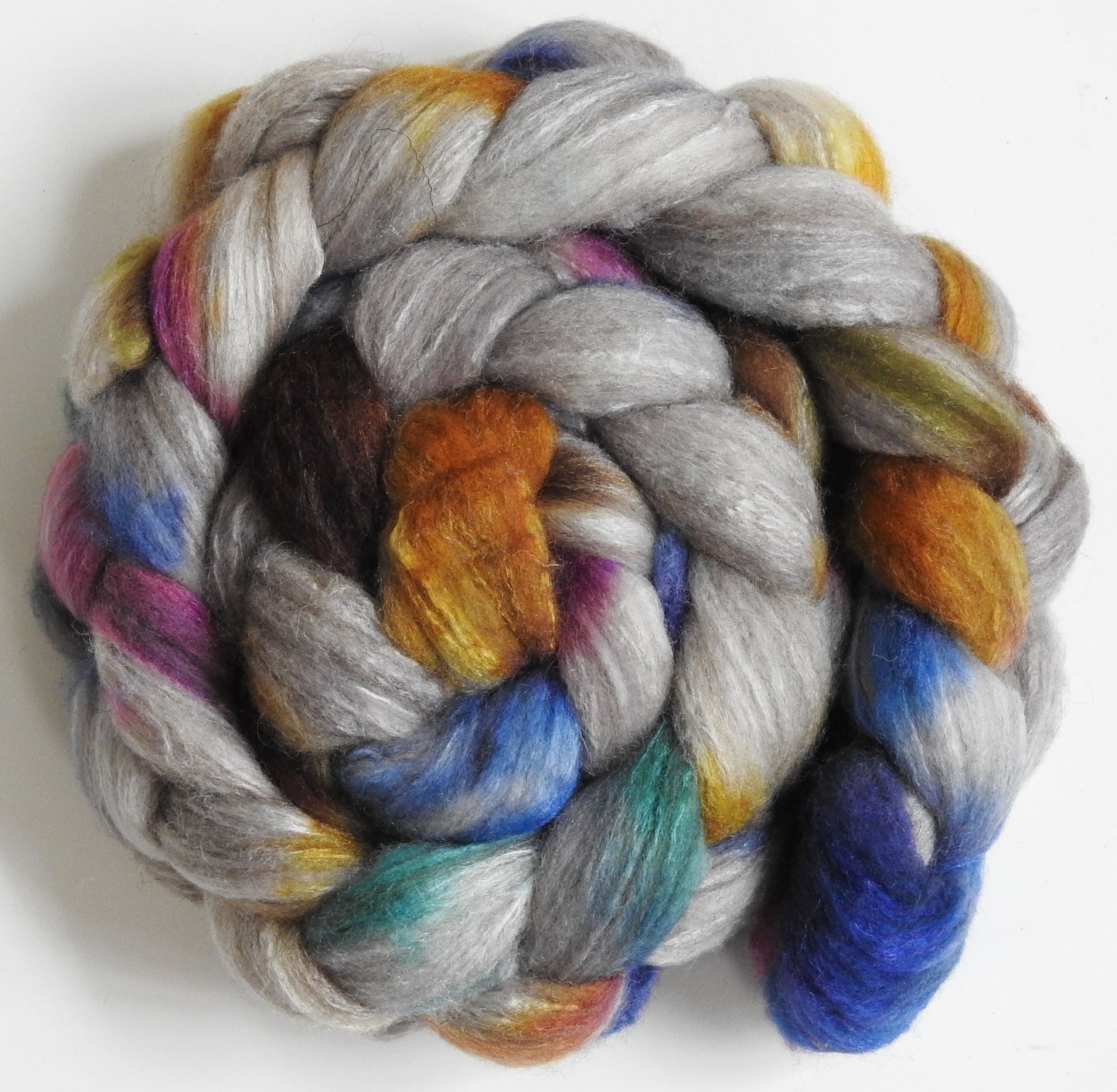 Glass Houses (5.7 oz)-Batt in a Braid #27- Lt. Grey Shetland/ Falkland Merino / tussah silk (50/25/25)