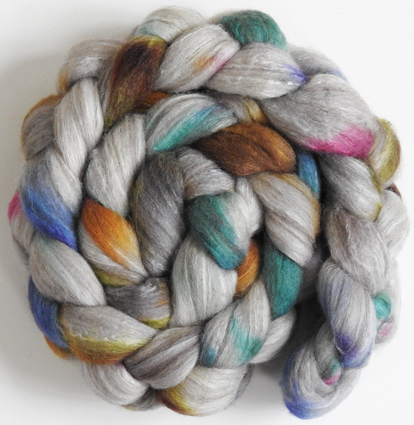 Glass Houses (5.7 oz)-Batt in a Braid #27- Lt. Grey Shetland/ Falkland Merino / tussah silk (50/25/25)