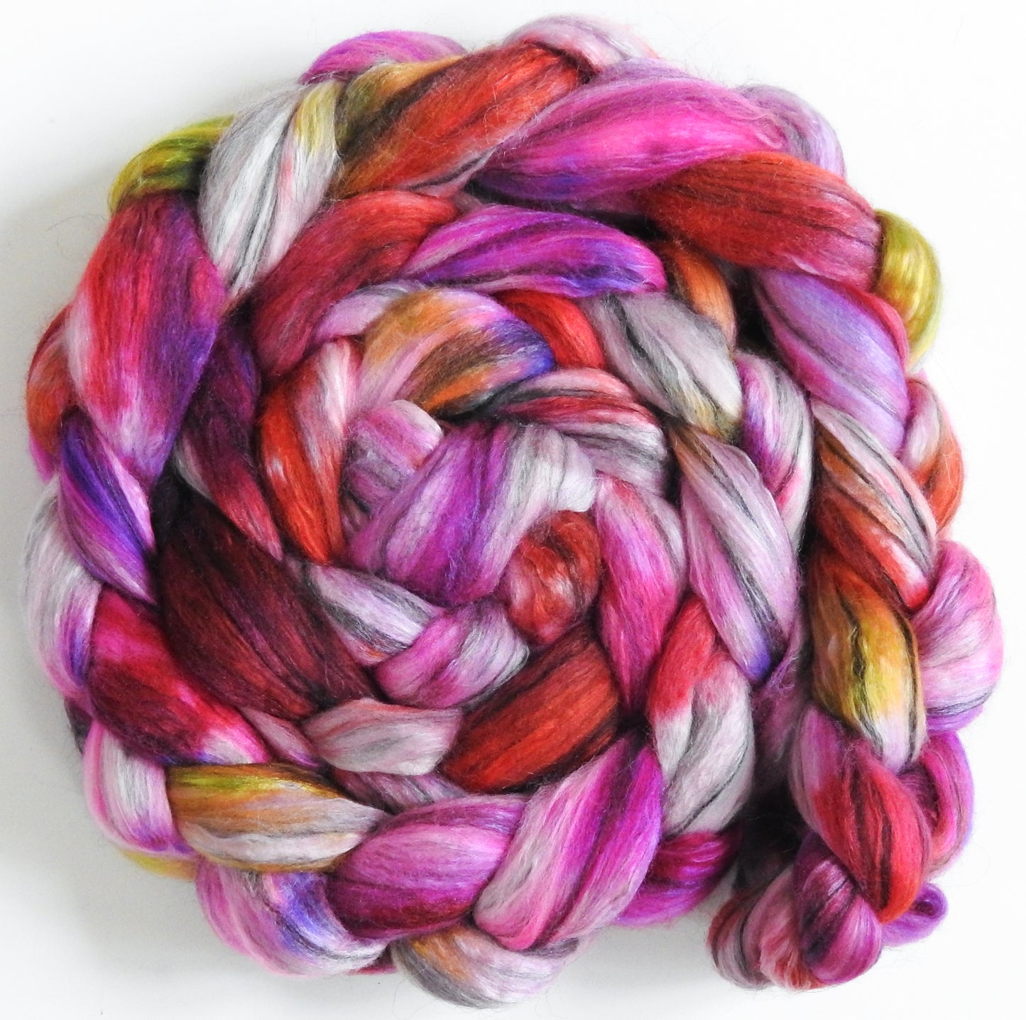 Candy Hearts (5.8 oz.) - Batt in a Braid #9 - Superfine Merino/ Mulberry Silk / Black Alpaca (50/40/10)
